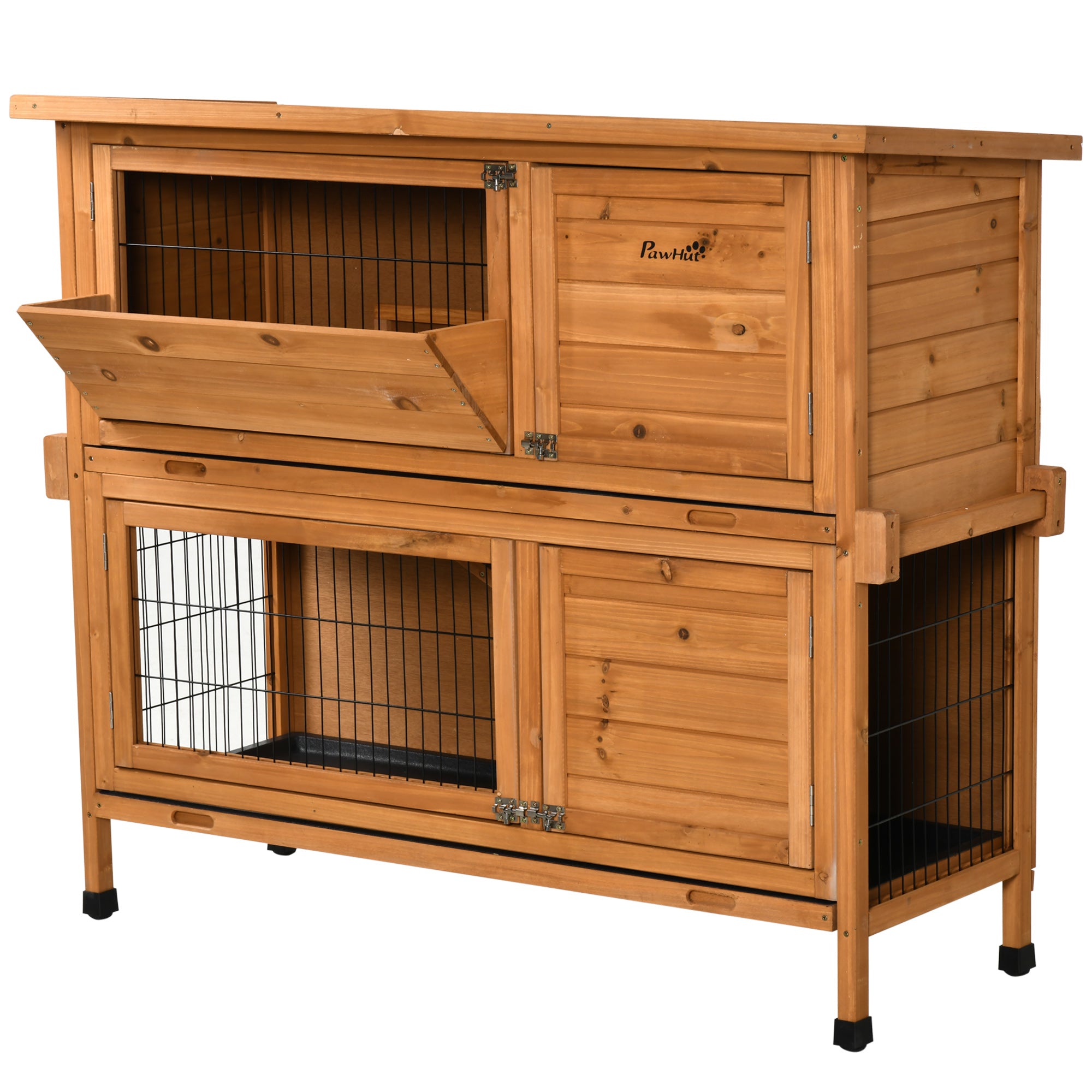 PawHut 2 Tier Double Decker Rabbit Hutch Wooden Guinea Pig House Pet Cage Outdoor with Sliding-out Tray, Asphalt Roof, Ramp, Feeding Shelf, Handle, 120x50x104cm, Orange