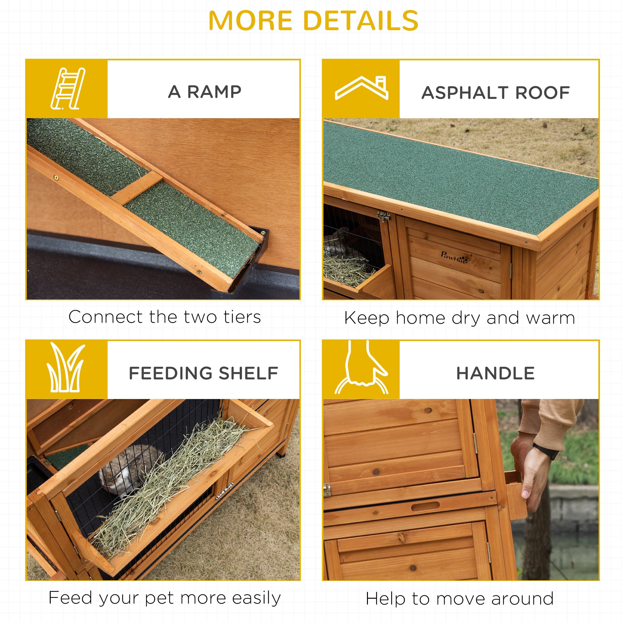 PawHut 2 Tier Double Decker Rabbit Hutch Wooden Guinea Pig House Pet Cage Outdoor with Sliding-out Tray, Asphalt Roof, Ramp, Feeding Shelf, Handle, 120x50x104cm, Orange