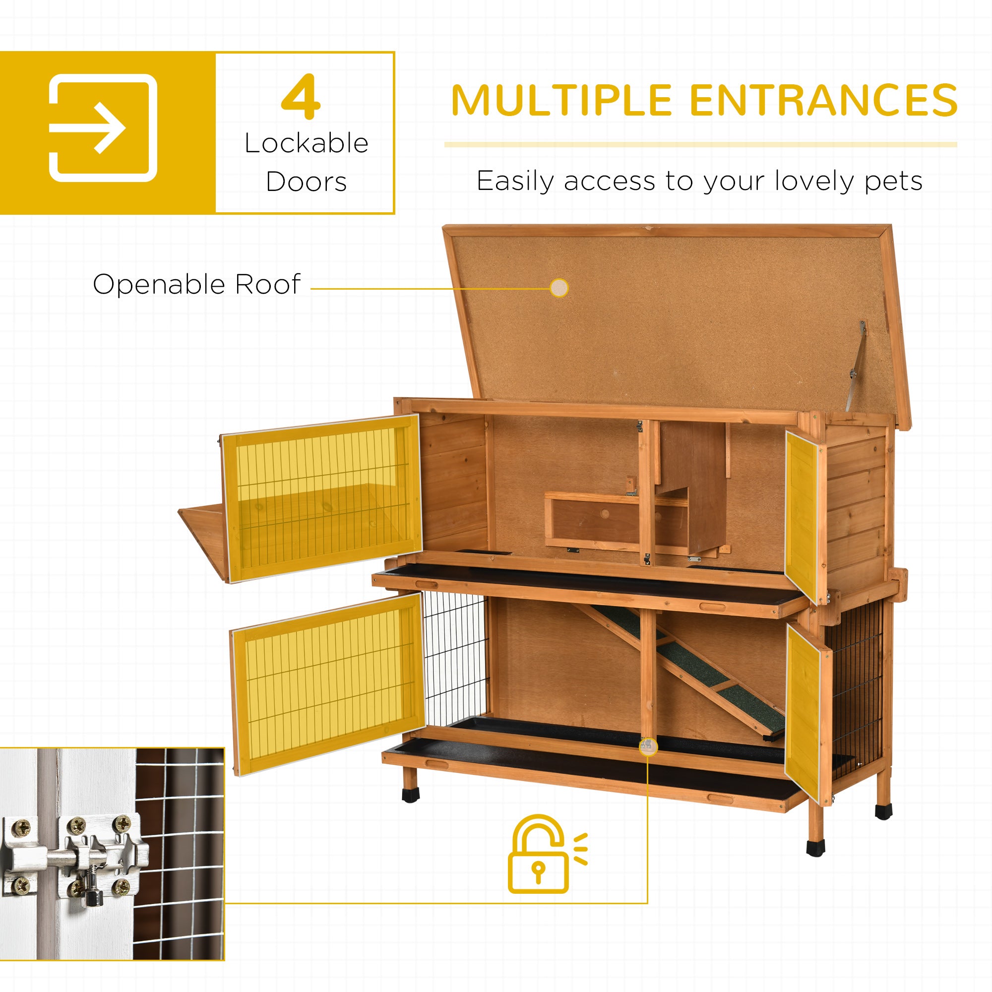 PawHut 47" 2-Story Rabbit Hutch, Wooden Bunny Cage, Guinea Pig House, with 2 Handles for Easy Movement, No Leak Tray, Openable Roof, Ramp, Feeding Shelf for Indoor/Outdoor, Orange