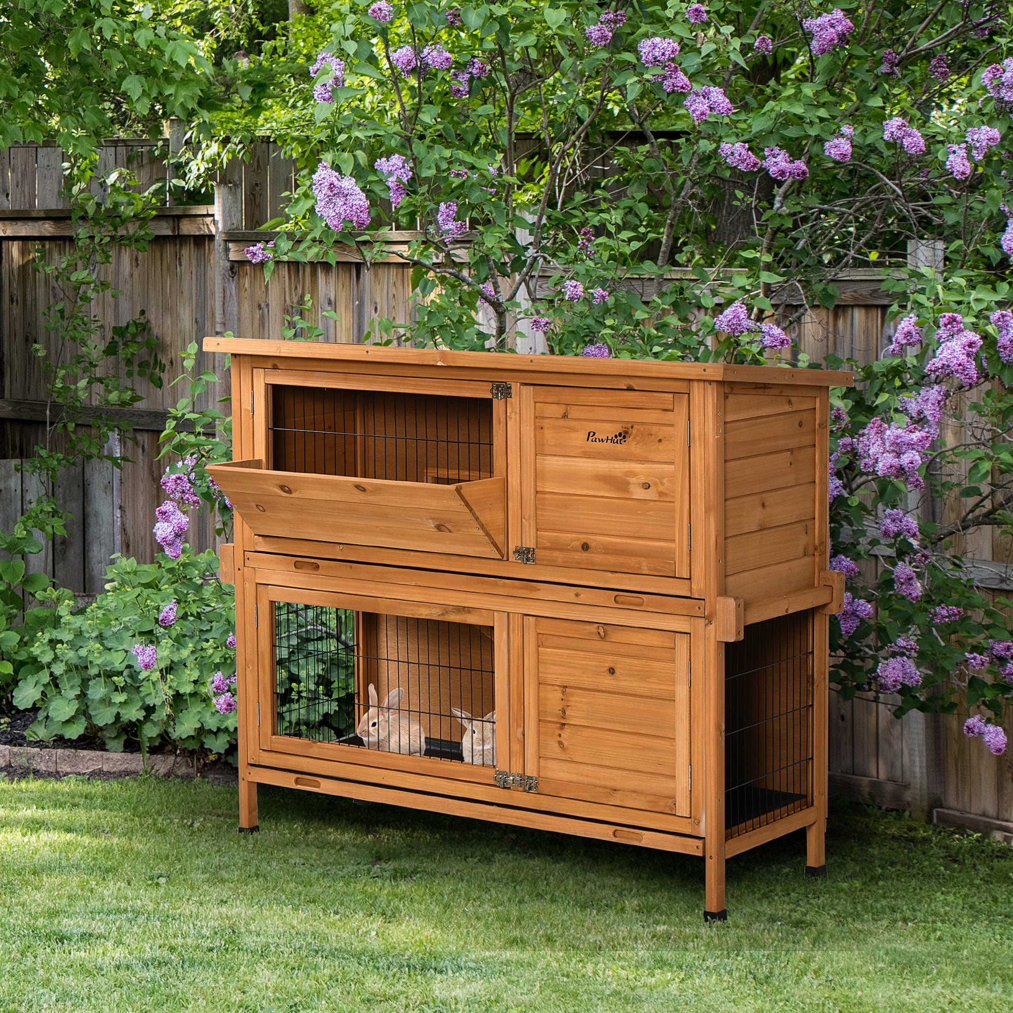 PawHut 47" 2-Story Rabbit Hutch, Wooden Bunny Cage, Guinea Pig House, with 2 Handles for Easy Movement, No Leak Tray, Openable Roof, Ramp, Feeding Shelf for Indoor/Outdoor, Orange