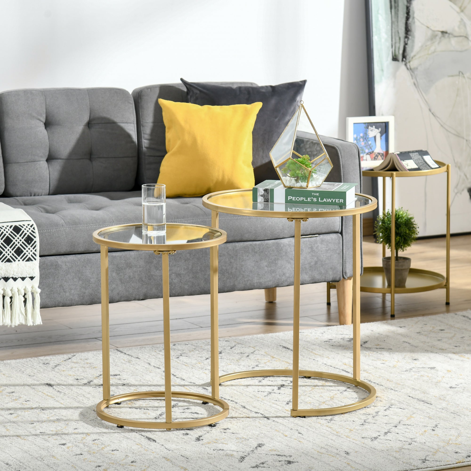 HOMCOM Set of 2 Nesting Coffee Tables with Metal Base, Round Side Table with Tempered Glass Tabletop for Living Room, Bedroom, Gold