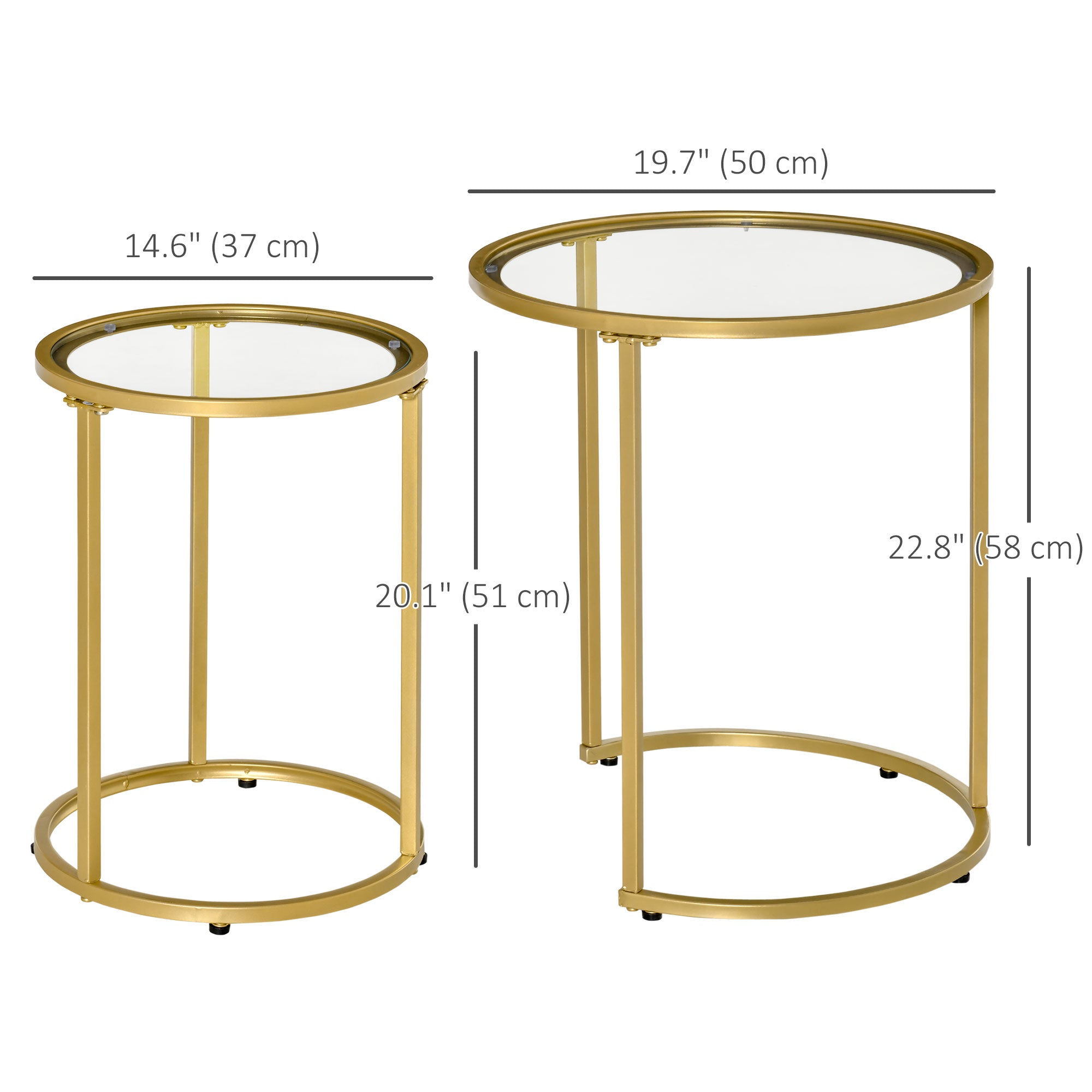 HOMCOM Set of 2 Nesting Coffee Tables with Metal Base, Round Side Table with Tempered Glass Tabletop for Living Room, Bedroom, Gold