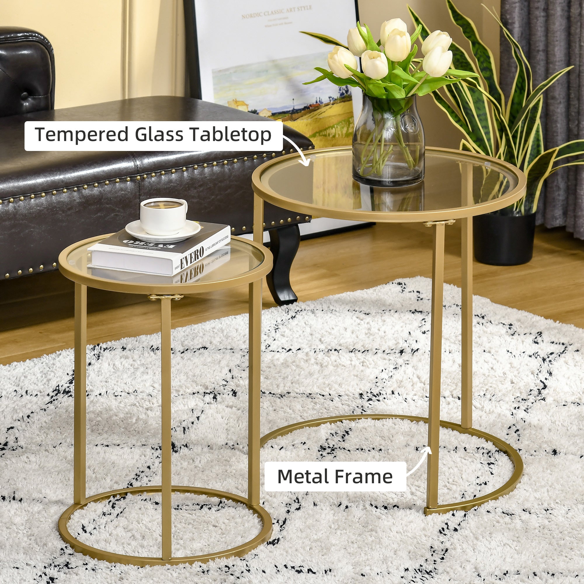 HOMCOM Set of 2 Nesting Coffee Tables with Metal Base, Round Side Table with Tempered Glass Tabletop for Living Room, Bedroom, Gold