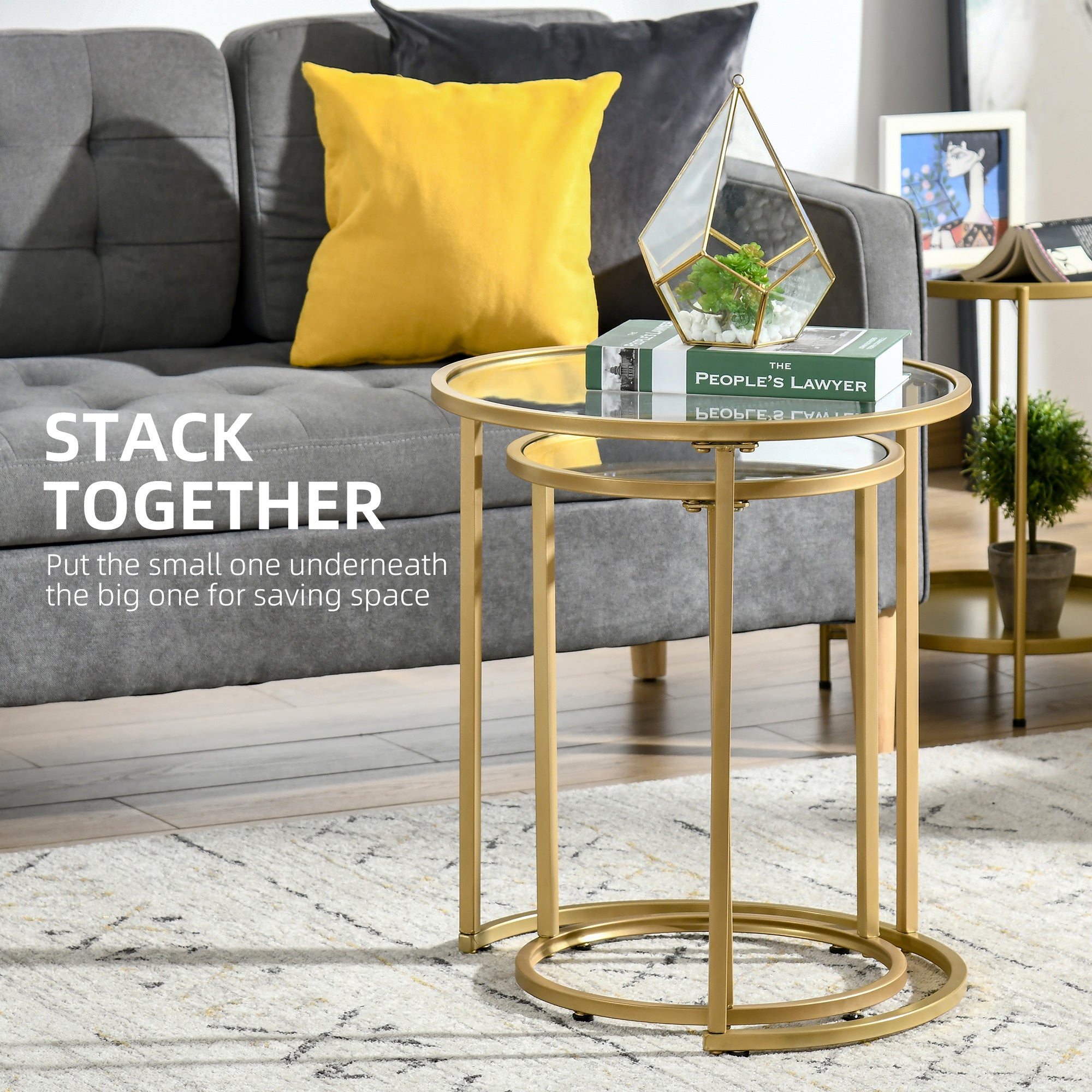 HOMCOM Set of 2 Nesting Coffee Tables with Metal Base, Round Side Table with Tempered Glass Tabletop for Living Room, Bedroom, Gold