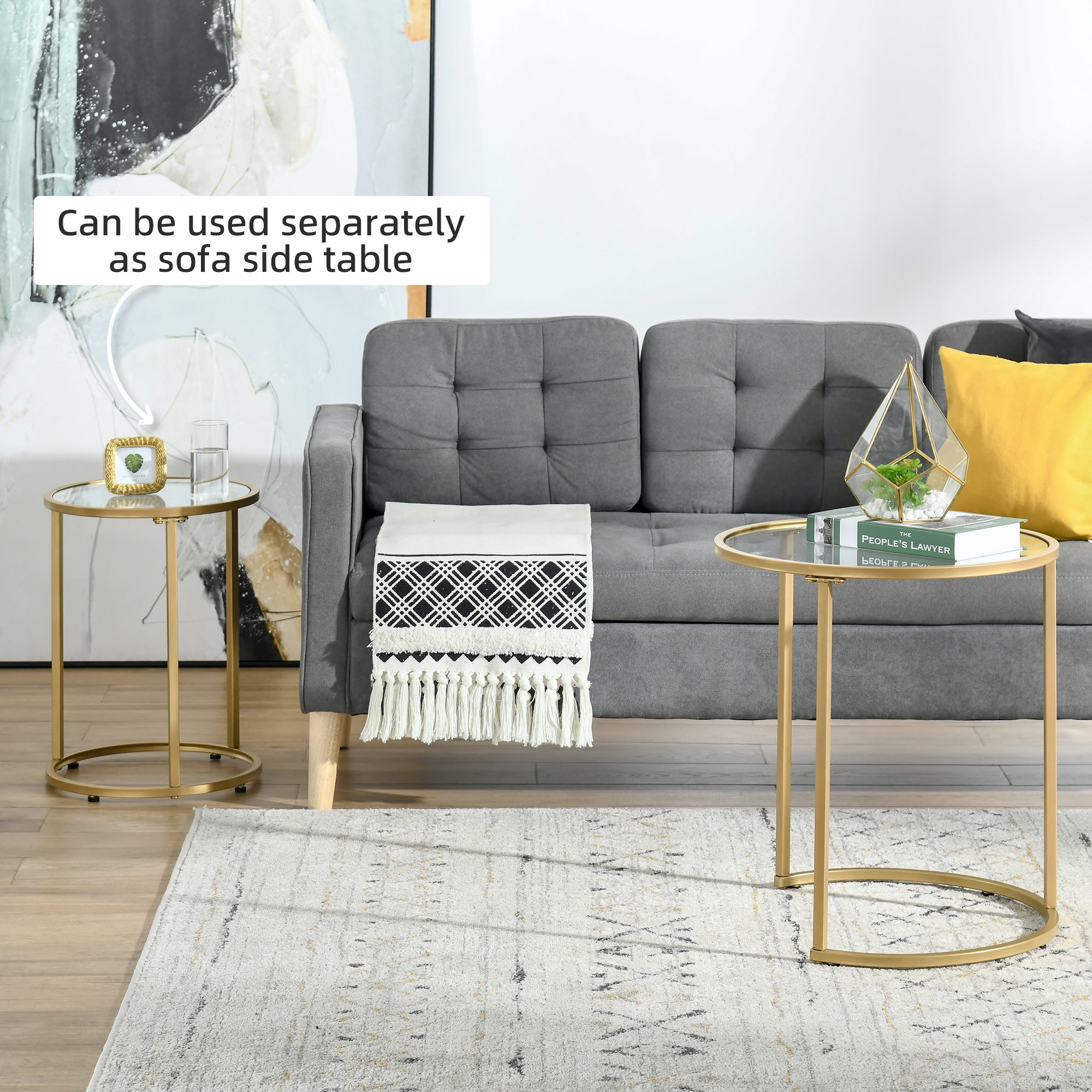 HOMCOM Set of 2 Nesting Coffee Tables with Metal Base, Round Side Table with Tempered Glass Tabletop for Living Room, Bedroom, Gold