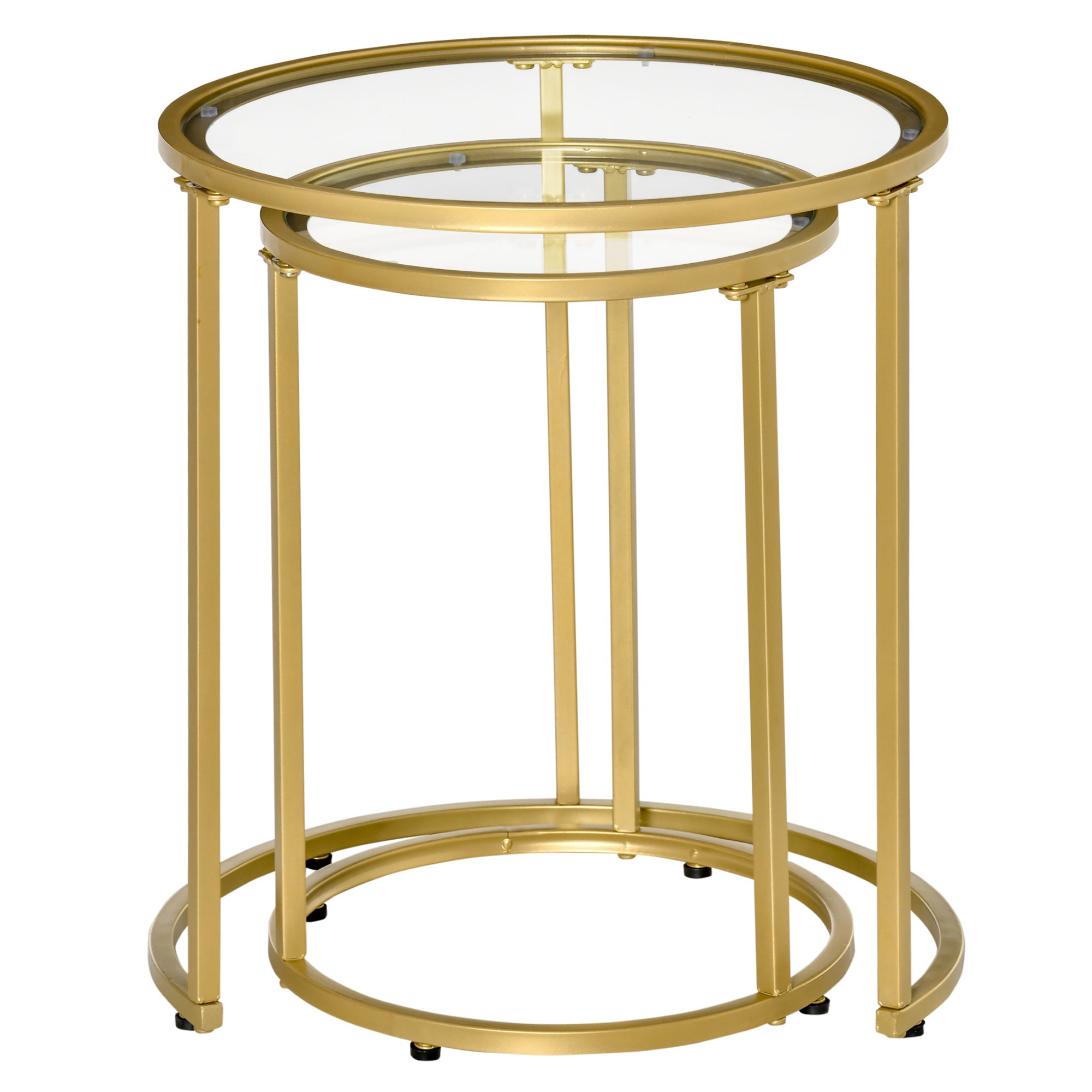 HOMCOM Set of 2 Nesting Coffee Tables with Metal Base, Round Side Table with Tempered Glass Tabletop for Living Room, Bedroom, Gold