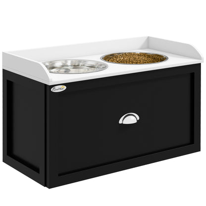 PawHut Dog Feeding Station with Storage Drawer, Dog Food Storage Cabinet with 2 Removable Elevated Dog Bowls for Large Sized Dogs, White and Black