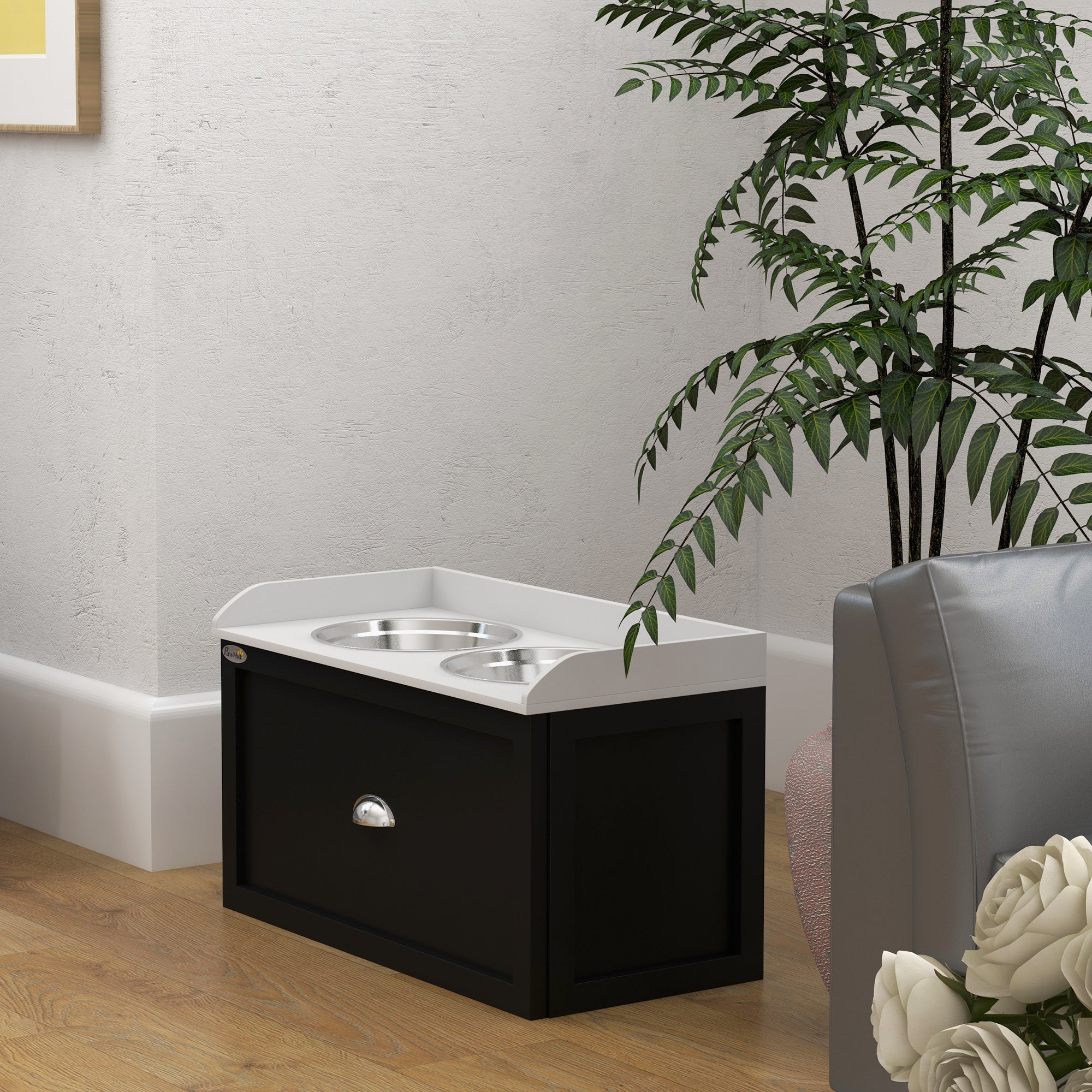 PawHut Dog Feeding Station with Storage Drawer, Dog Food Storage Cabinet with 2 Removable Elevated Dog Bowls for Large Sized Dogs, White and Black