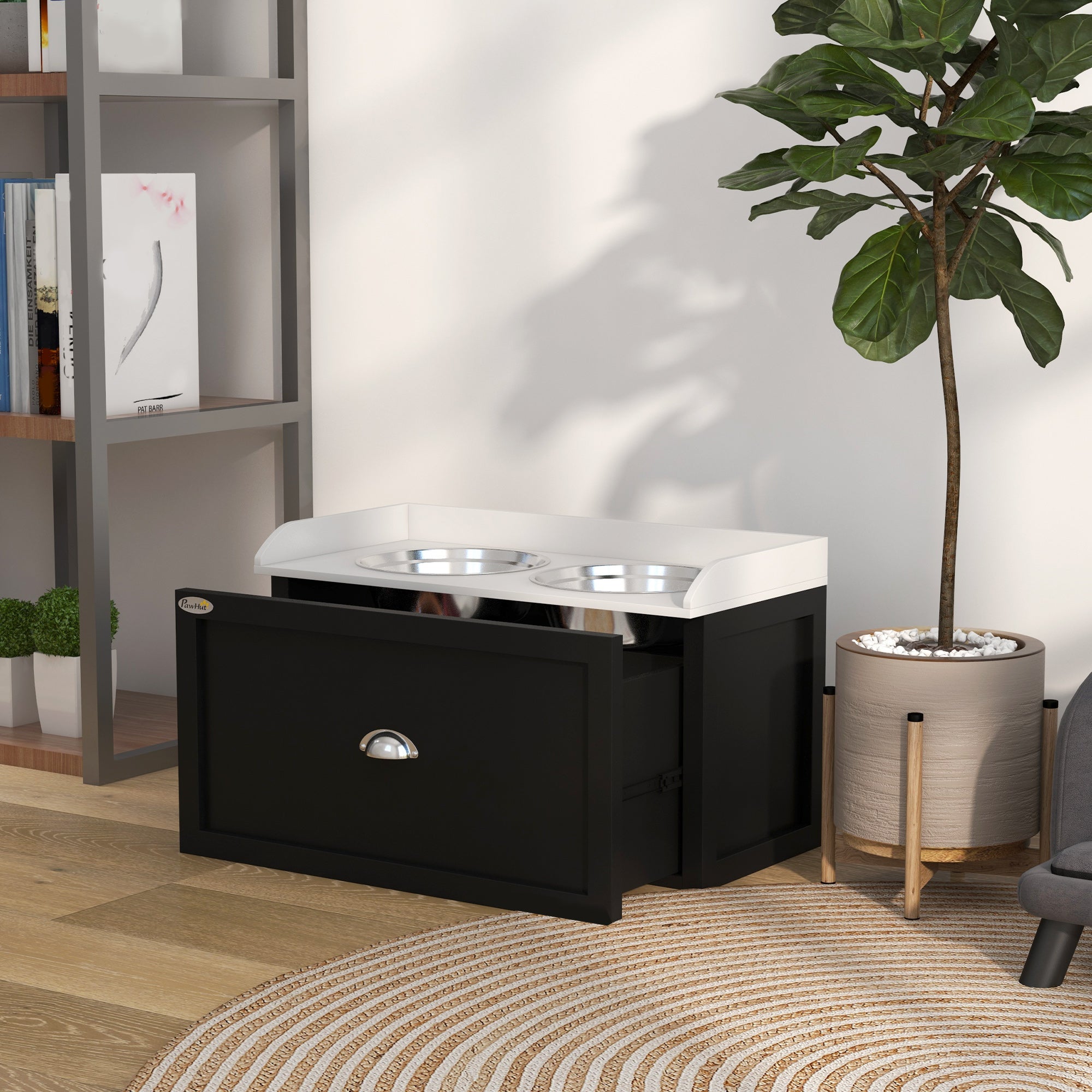 PawHut Dog Feeding Station with Storage Drawer, Dog Food Storage Cabinet with 2 Removable Elevated Dog Bowls for Large Sized Dogs, White and Black