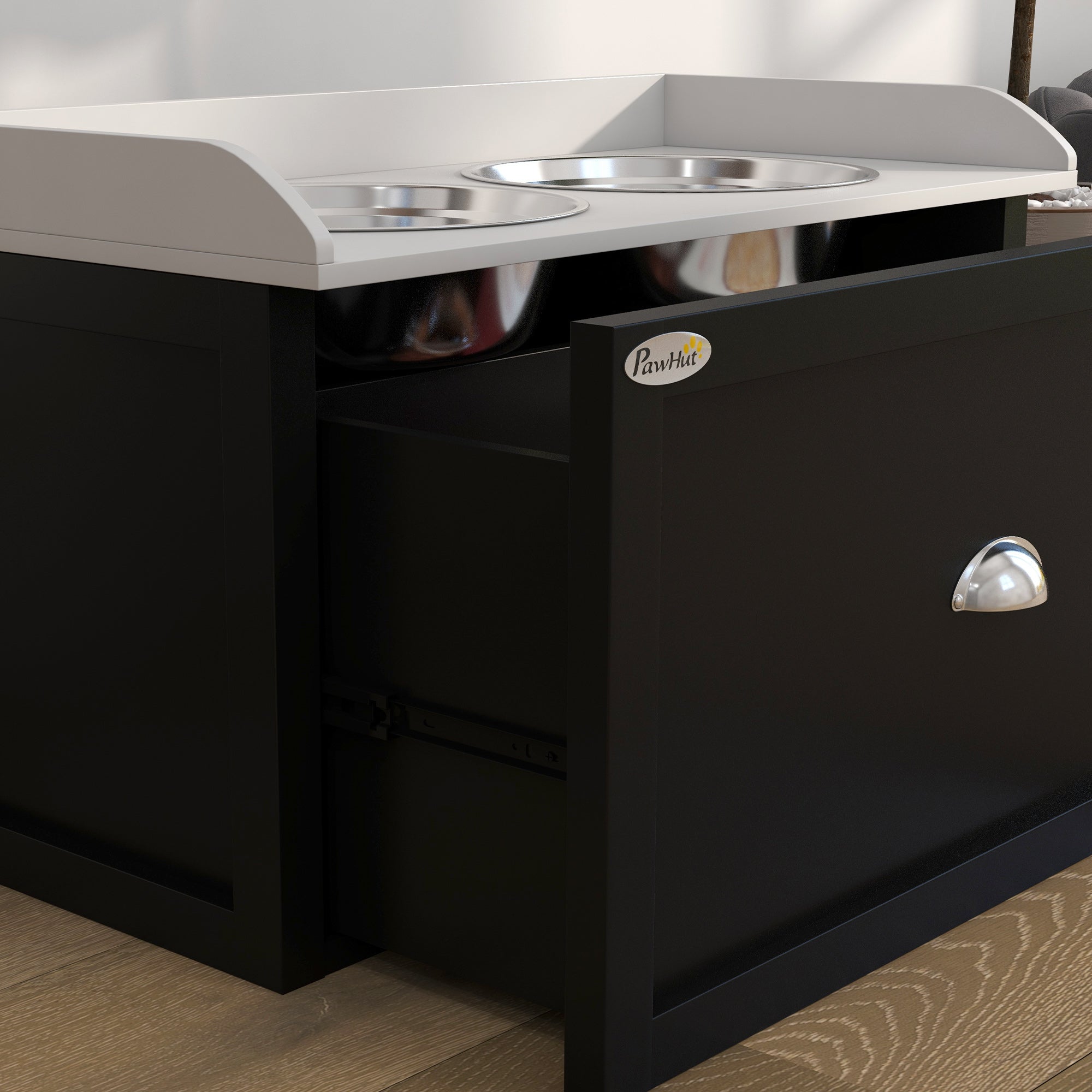 PawHut Dog Feeding Station with Storage Drawer, Dog Food Storage Cabinet with 2 Removable Elevated Dog Bowls for Large Sized Dogs, White and Black