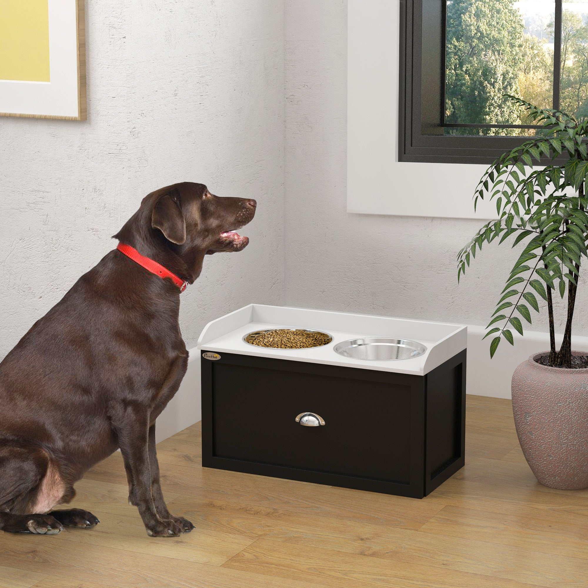 PawHut Dog Feeding Station with Storage Drawer, Dog Food Storage Cabinet with 2 Removable Elevated Dog Bowls for Large Sized Dogs, White and Black