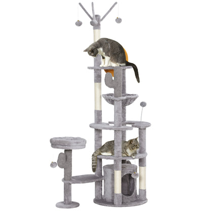PawHut 71" Tall Cat Tree, Multi-Level Cat Tower for Indoor, Corner DIY Design with Scratching Posts, Sisal Pad, Condo, Bed, Hammock, Platforms, Balls, Activity Center, Light Grey