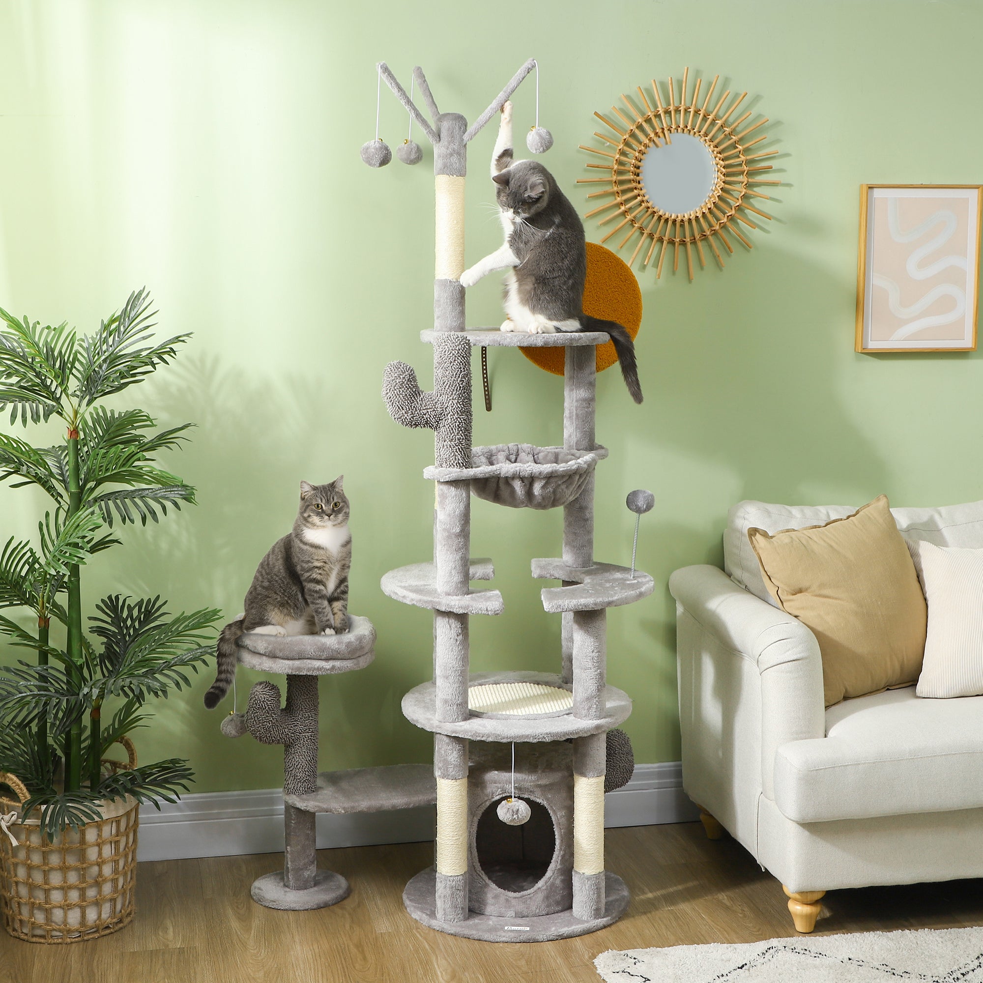 PawHut 71" Tall Cat Tree, Multi-Level Cat Tower for Indoor, Corner DIY Design with Scratching Posts, Sisal Pad, Condo, Bed, Hammock, Platforms, Balls, Activity Center, Light Grey