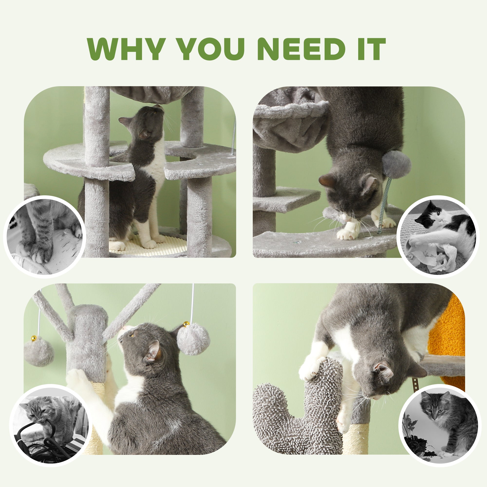 PawHut 71" Tall Cat Tree, Multi-Level Cat Tower for Indoor, Corner DIY Design with Scratching Posts, Sisal Pad, Condo, Bed, Hammock, Platforms, Balls, Activity Center, Light Grey