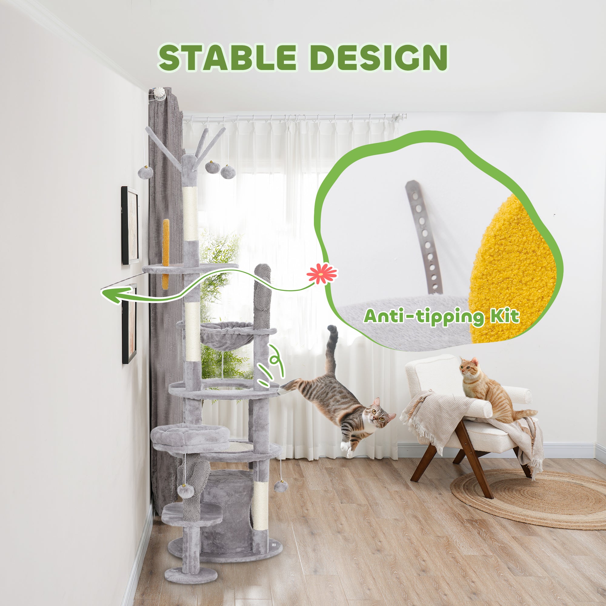 PawHut 71" Tall Cat Tree, Multi-Level Cat Tower for Indoor, Corner DIY Design with Scratching Posts, Sisal Pad, Condo, Bed, Hammock, Platforms, Balls, Activity Center, Light Grey