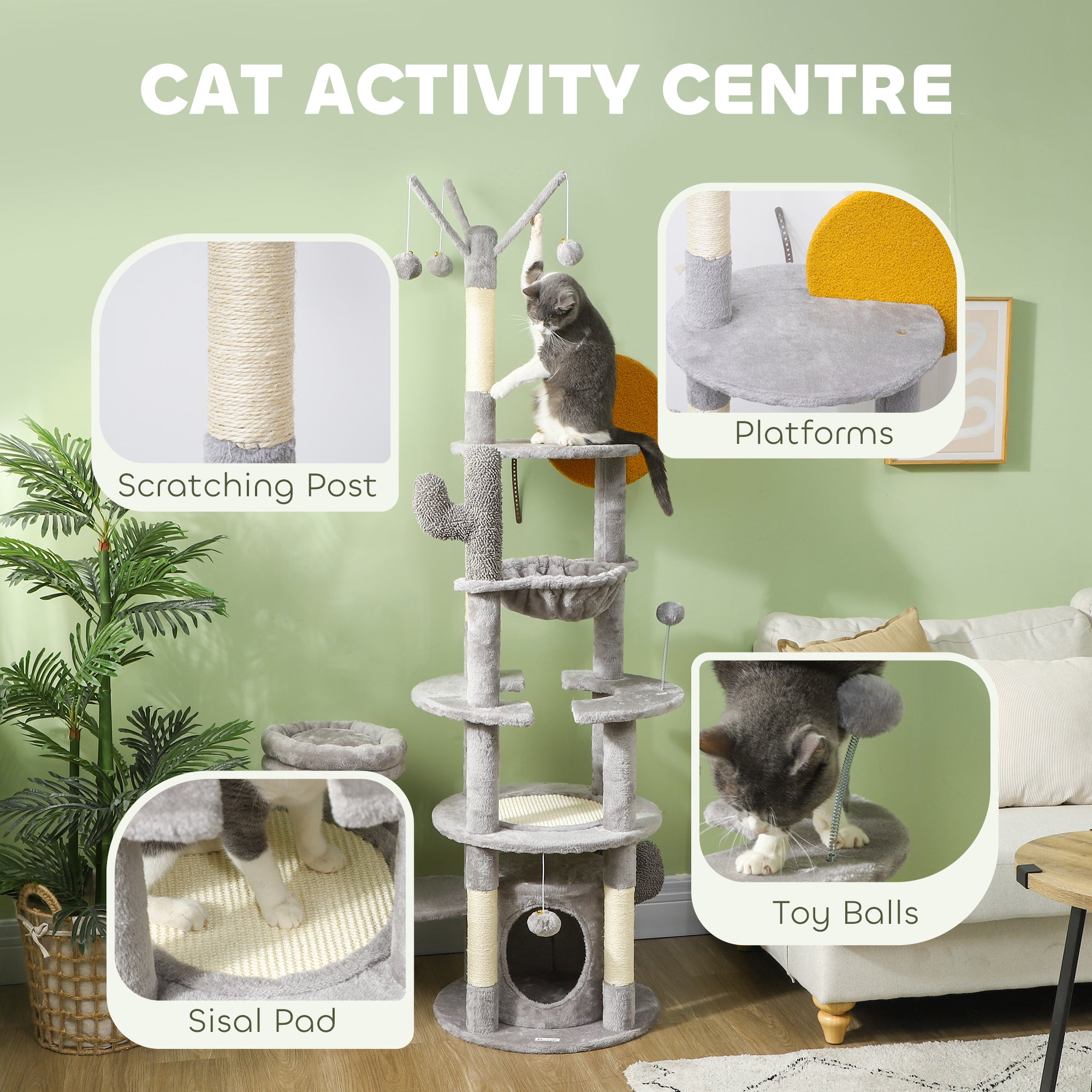 PawHut 71" Tall Cat Tree, Multi-Level Cat Tower for Indoor, Corner DIY Design with Scratching Posts, Sisal Pad, Condo, Bed, Hammock, Platforms, Balls, Activity Center, Light Grey