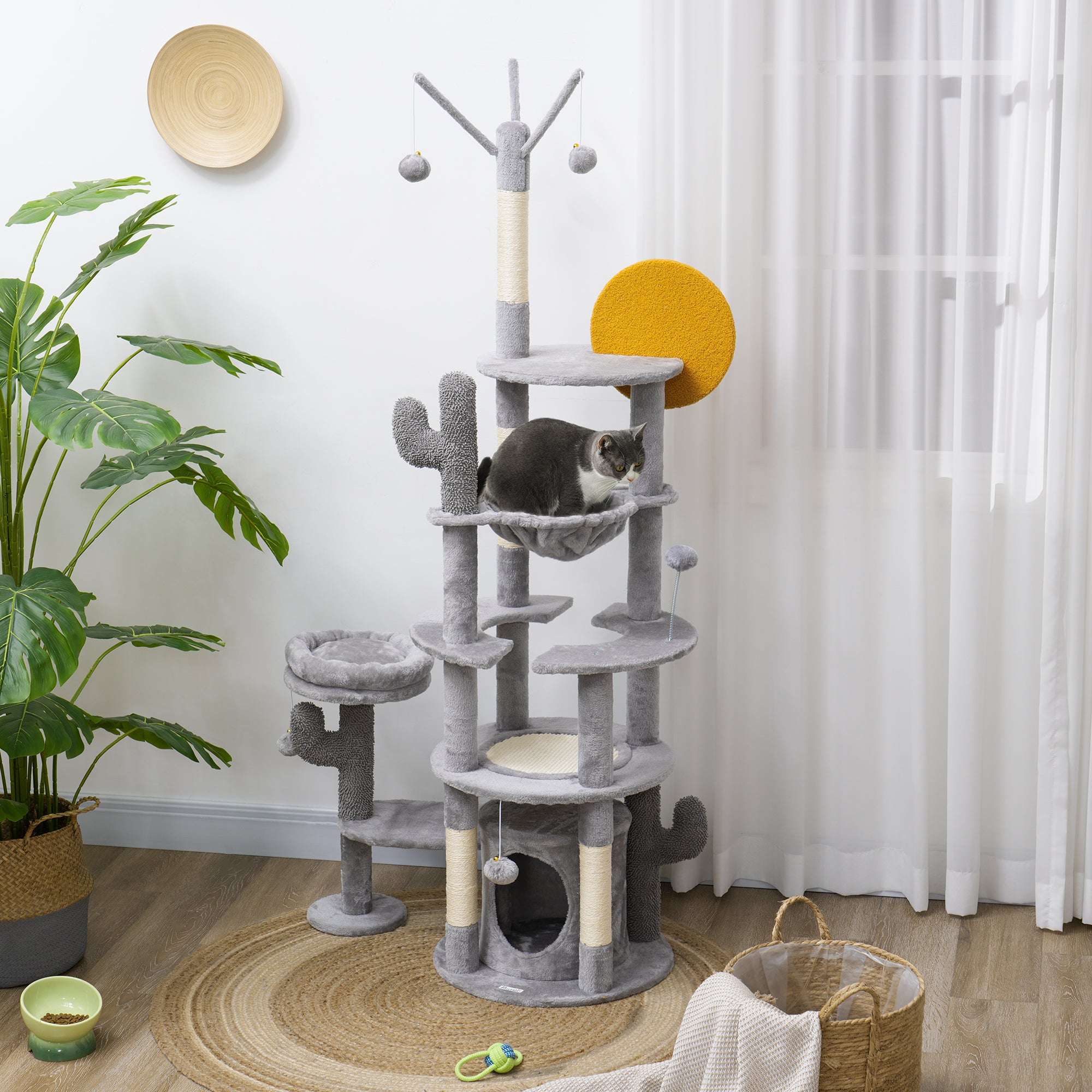 PawHut 71" Tall Cat Tree, Multi-Level Cat Tower for Indoor, Corner DIY Design with Scratching Posts, Sisal Pad, Condo, Bed, Hammock, Platforms, Balls, Activity Center, Light Grey