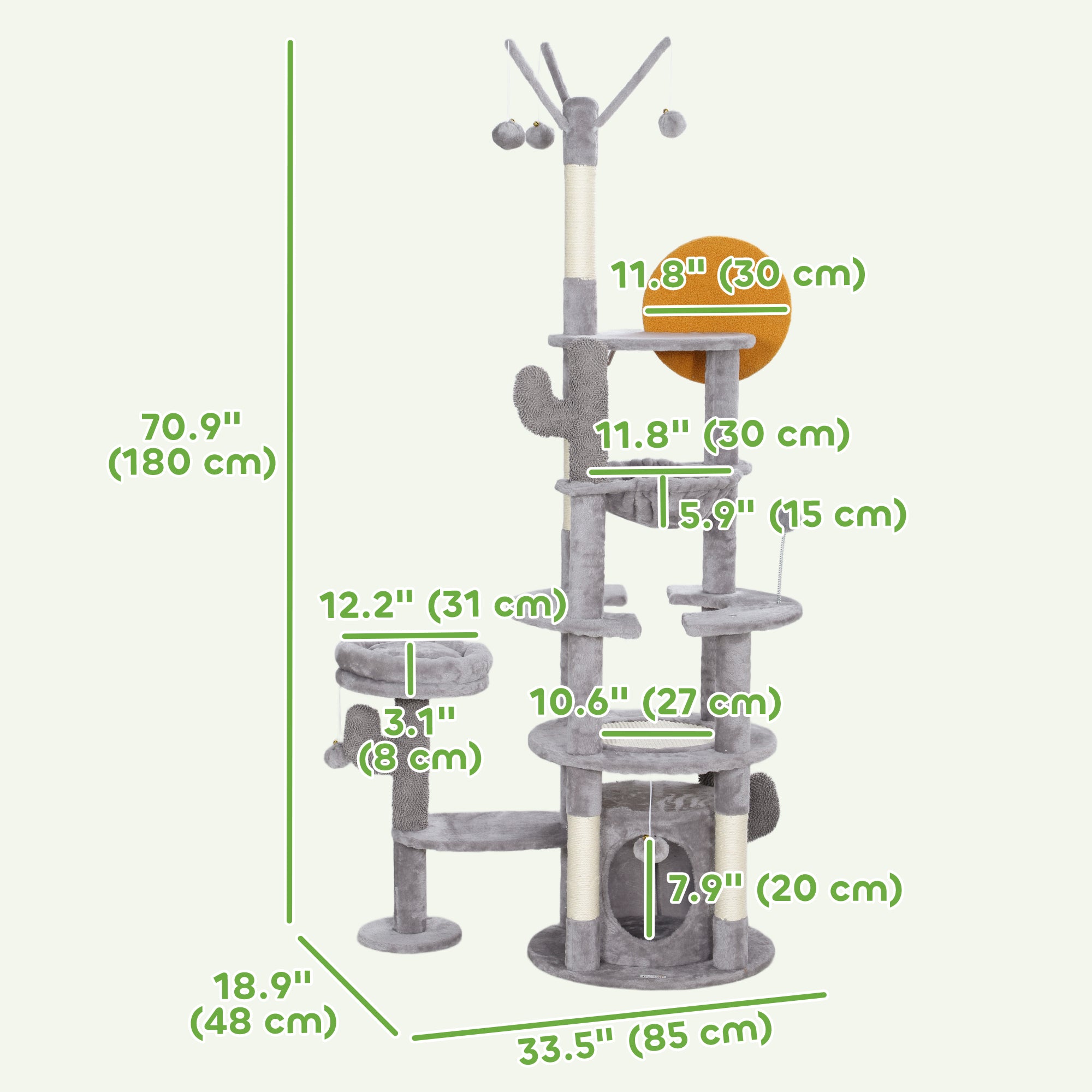 PawHut 71" Tall Cat Tree, Multi-Level Cat Tower for Indoor, Corner DIY Design with Scratching Posts, Sisal Pad, Condo, Bed, Hammock, Platforms, Balls, Activity Center, Light Grey