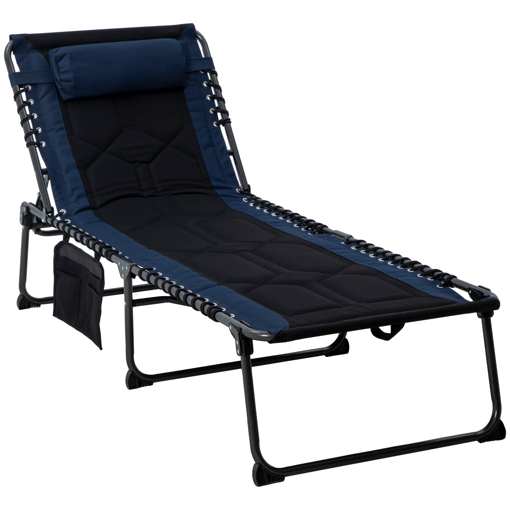 Outsunny Folding Chaise Lounge w/ 5-level Reclining Back, Outdoor Tanning Chair Lounge Chair w/ Padded Seat, Side Pocket, Headrest, Carry Strap, for Beach, Yard, Patio, Blue