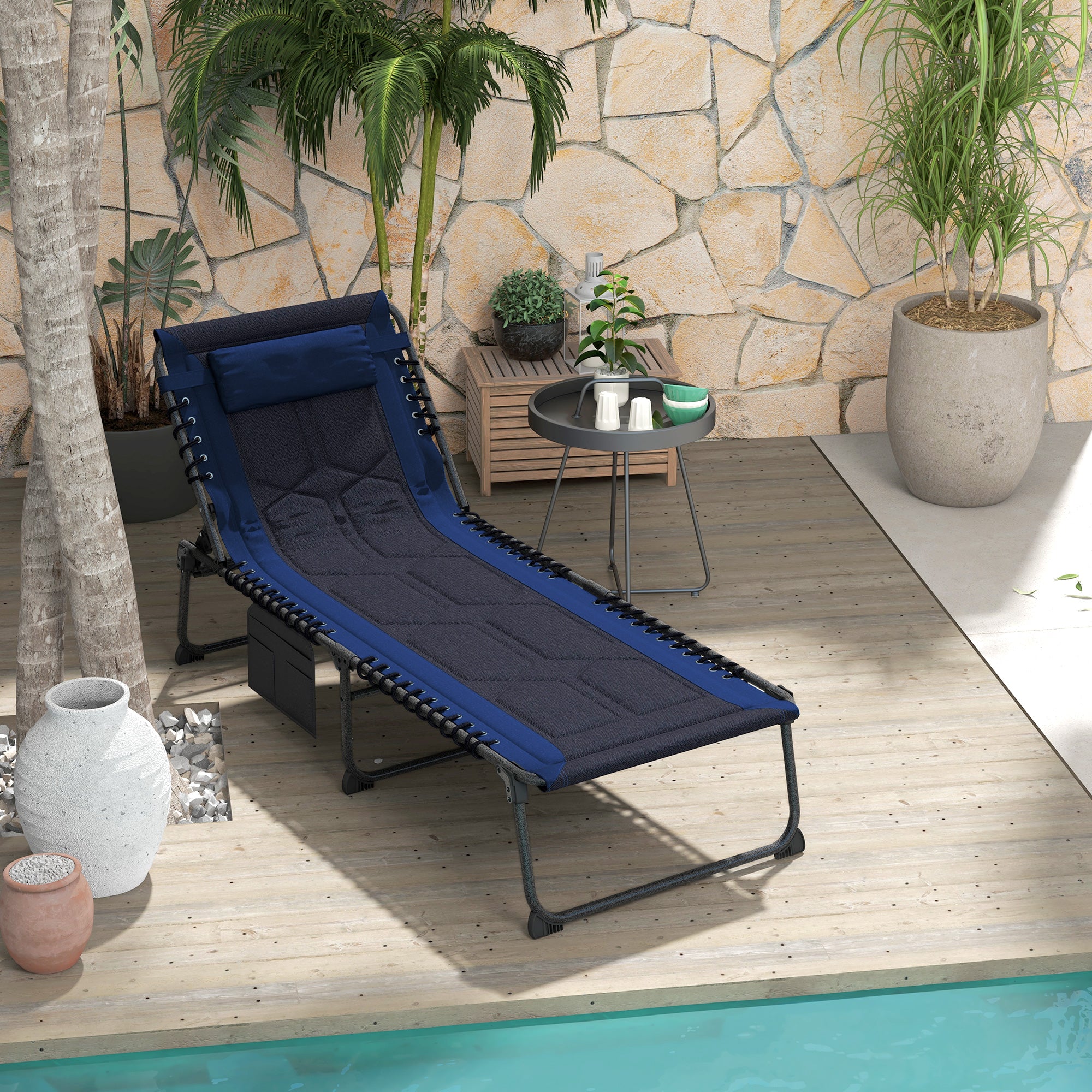 Outsunny Folding Chaise Lounge w/ 5-level Reclining Back, Outdoor Tanning Chair Lounge Chair w/ Padded Seat, Side Pocket, Headrest, Carry Strap, for Beach, Yard, Patio, Blue