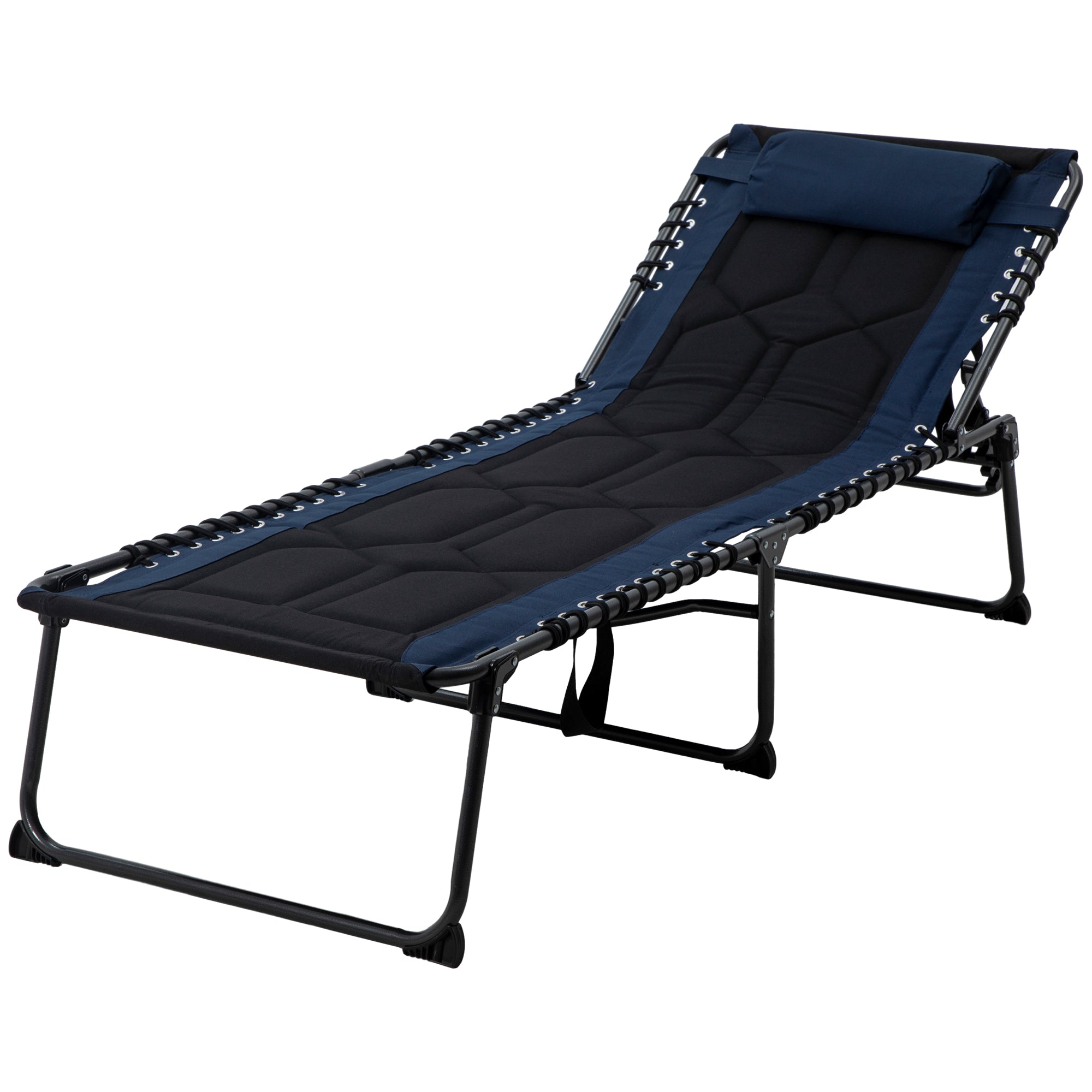 Outsunny Folding Chaise Lounge w/ 5-level Reclining Back, Outdoor Tanning Chair Lounge Chair w/ Padded Seat, Side Pocket, Headrest, Carry Strap, for Beach, Yard, Patio, Blue