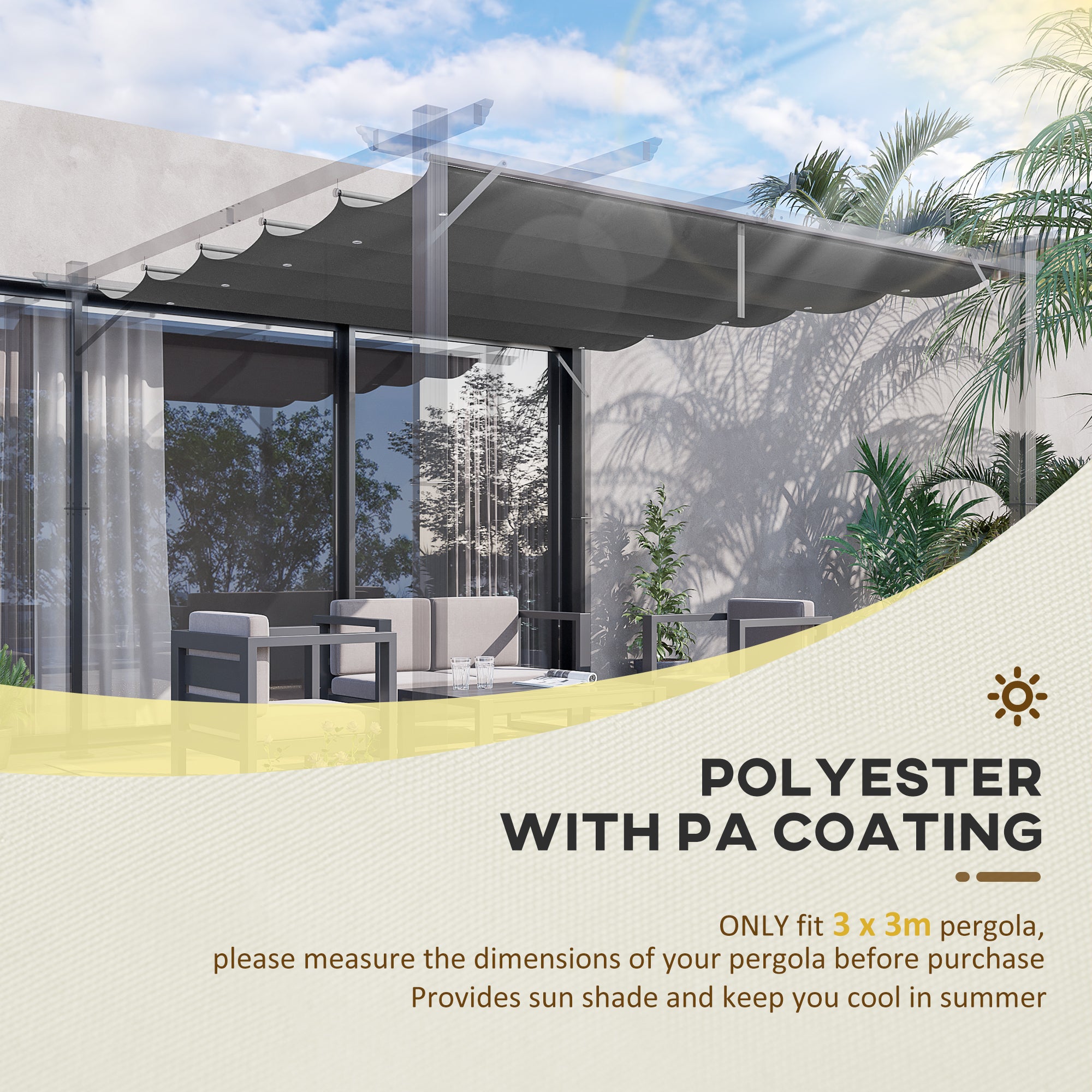 Outsunny Retractable Replacement Pergola Canopy for 10' x 10' Pergola, Pergola Cover Replacement, Dark Grey