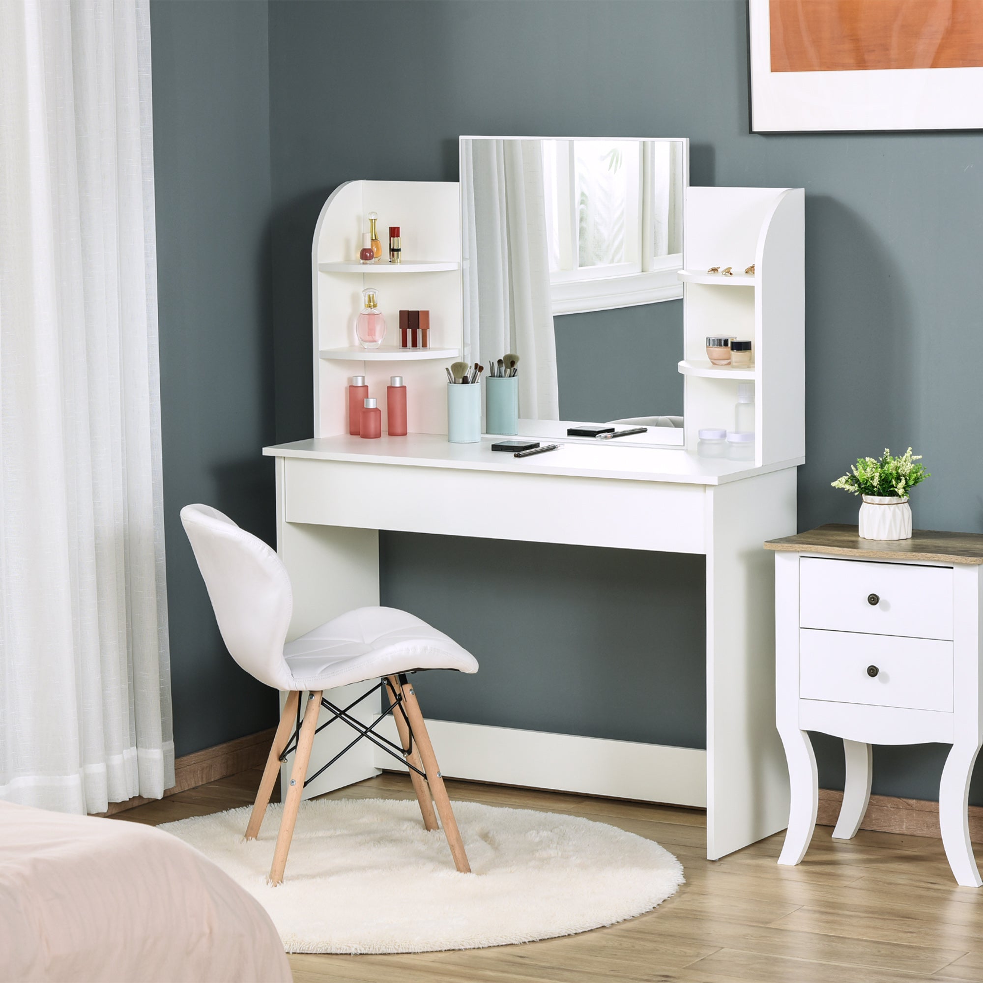 HOMCOM Vanity Table Wood Dressing Table w/ Makeup Mirror, Big Drawers, Open Shelf for Bedroom White