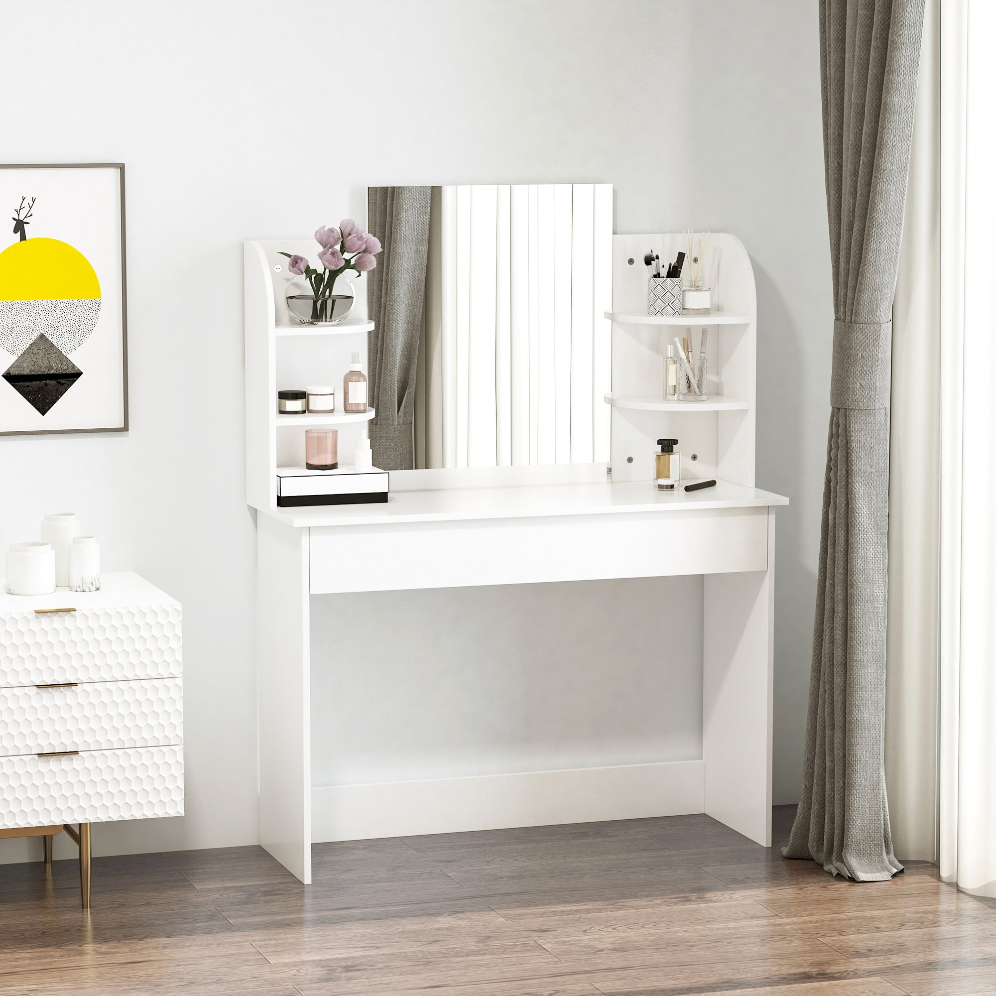 HOMCOM Vanity Table Wood Dressing Table w/ Makeup Mirror, Big Drawers, Open Shelf for Bedroom White