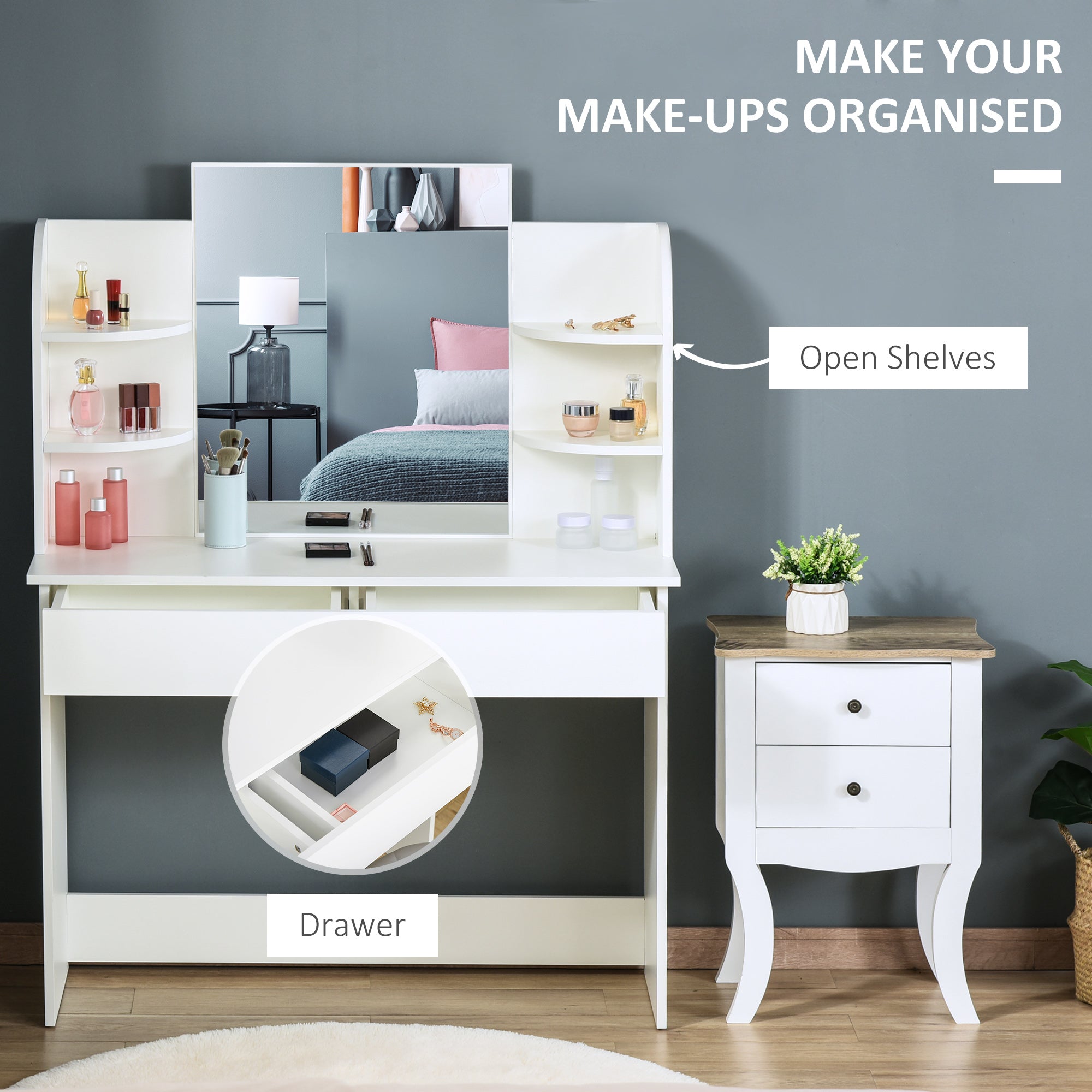 HOMCOM Vanity Table Wood Dressing Table w/ Makeup Mirror, Big Drawers, Open Shelf for Bedroom White