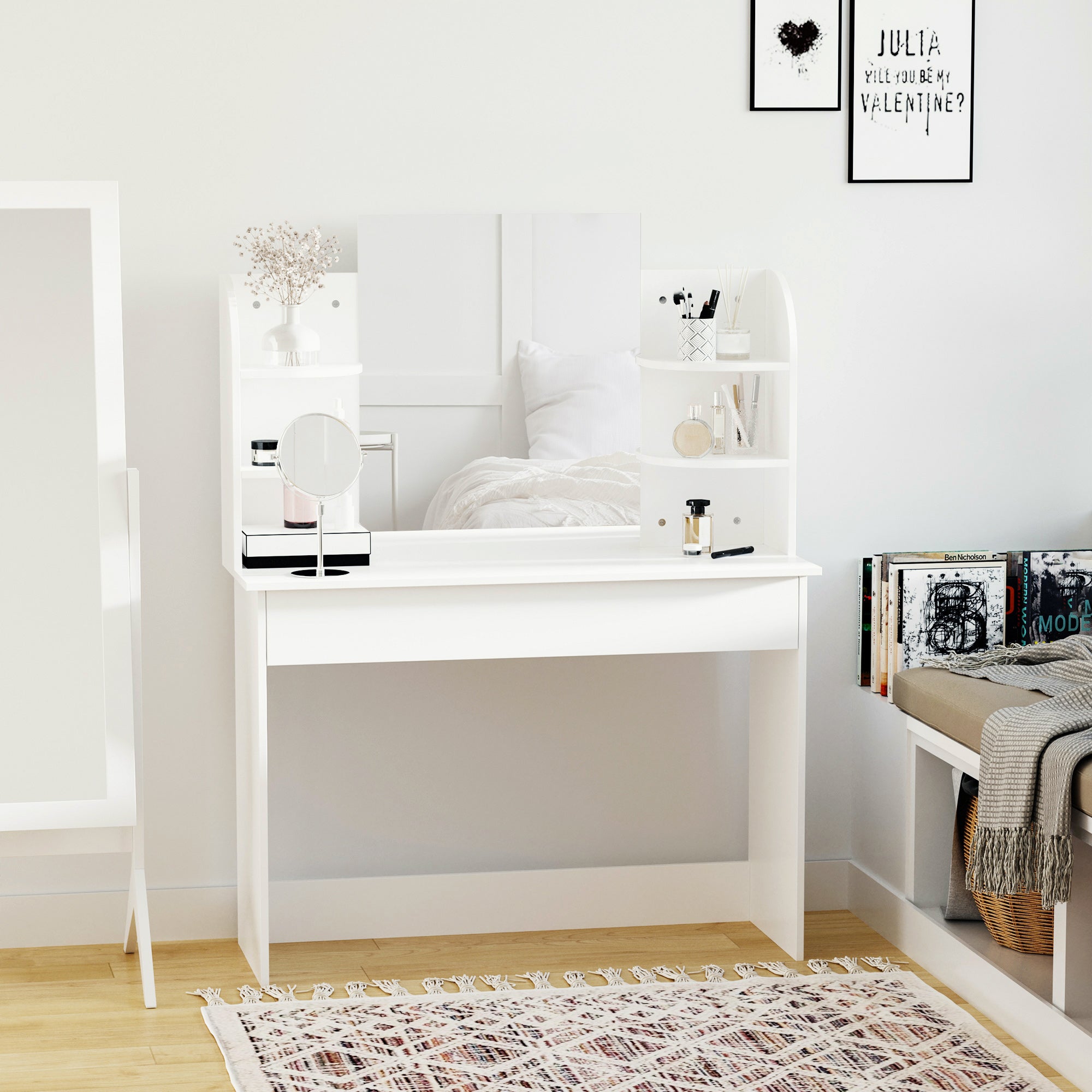 HOMCOM Vanity Table Wood Dressing Table w/ Makeup Mirror, Big Drawers, Open Shelf for Bedroom White