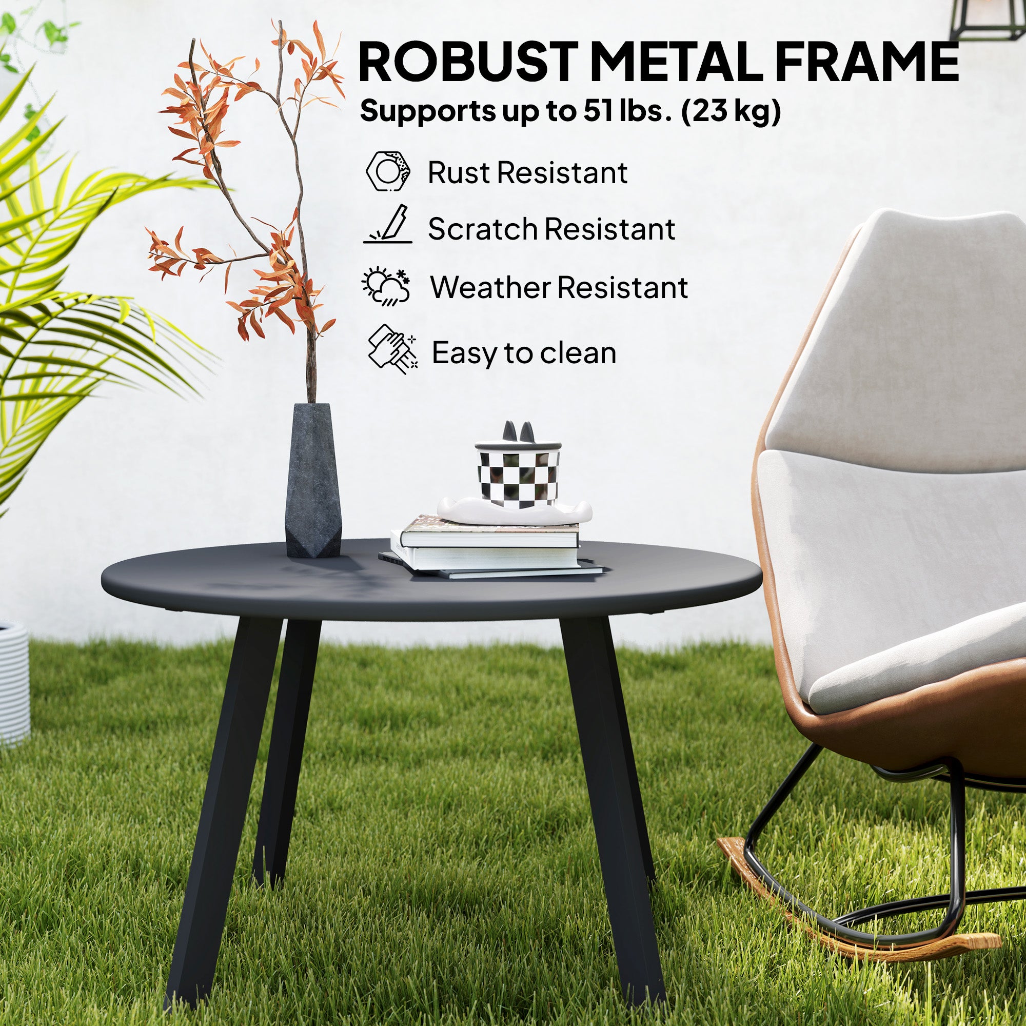 Outsunny 36" Patio Coffee Table, Round Outdoor Side Table with Weather Resistant Metal Frame and Non-Slip Foot Pads for Garden, Balcony, Backyard, Living Room, Black