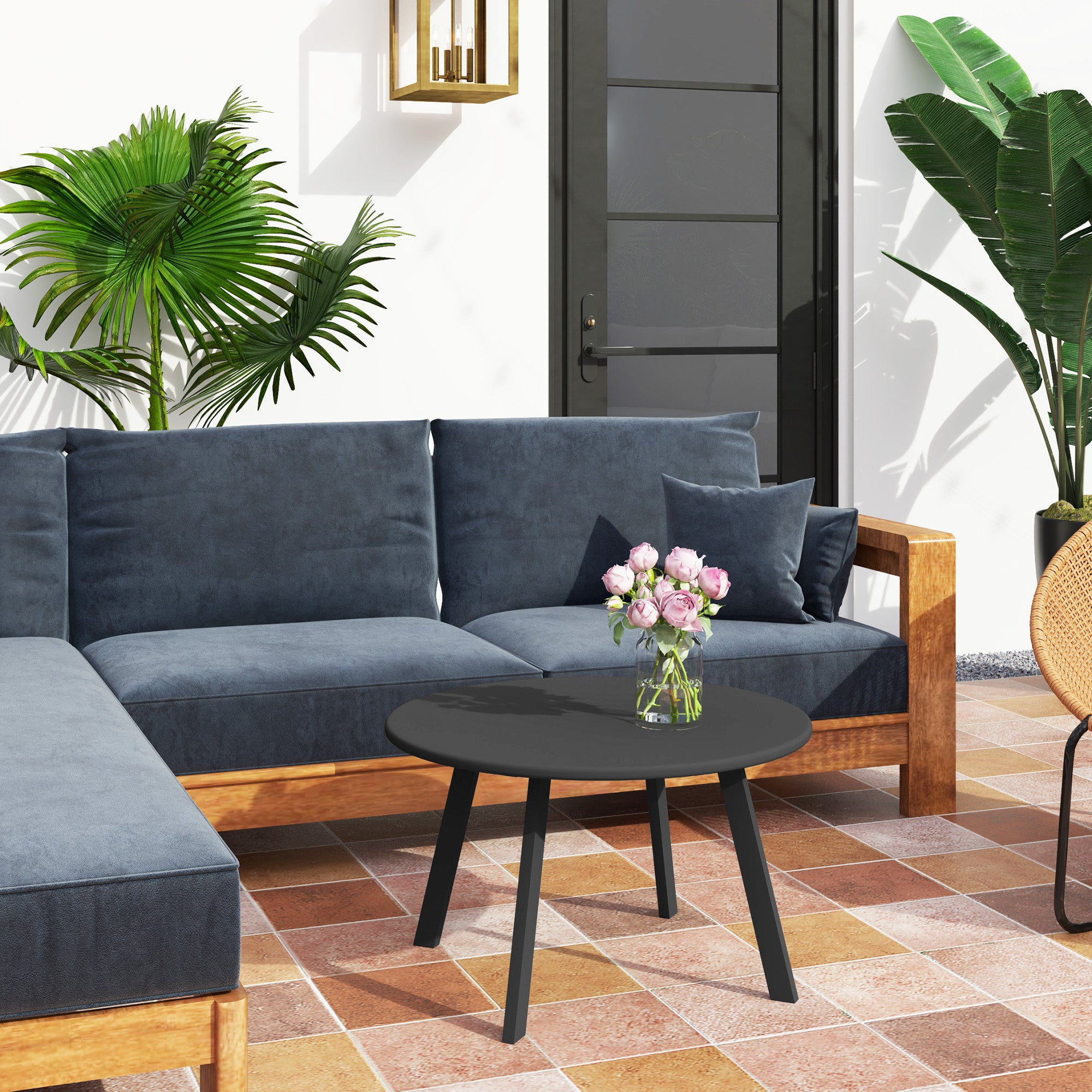 Outsunny 36" Patio Coffee Table, Round Outdoor Side Table with Weather Resistant Metal Frame and Non-Slip Foot Pads for Garden, Balcony, Backyard, Living Room, Black