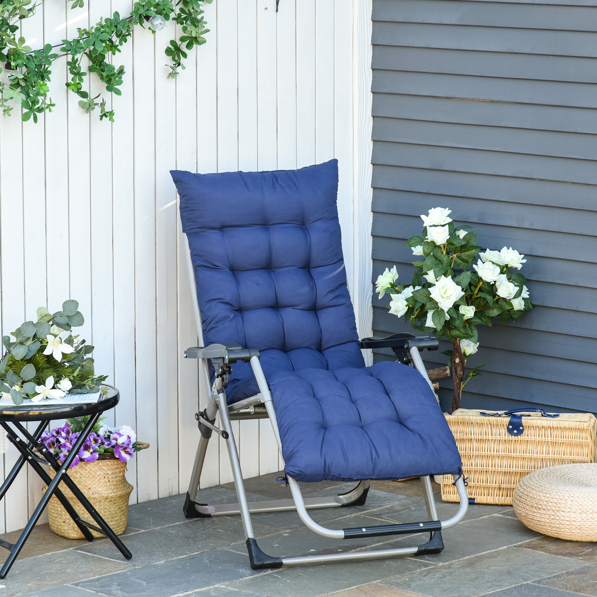 Outsunny Reclining Zero Gravity Chair with Adjustable Backrest, Folding Garden Sun Lounger with Removable Cushion and Headrest, Dark Blue