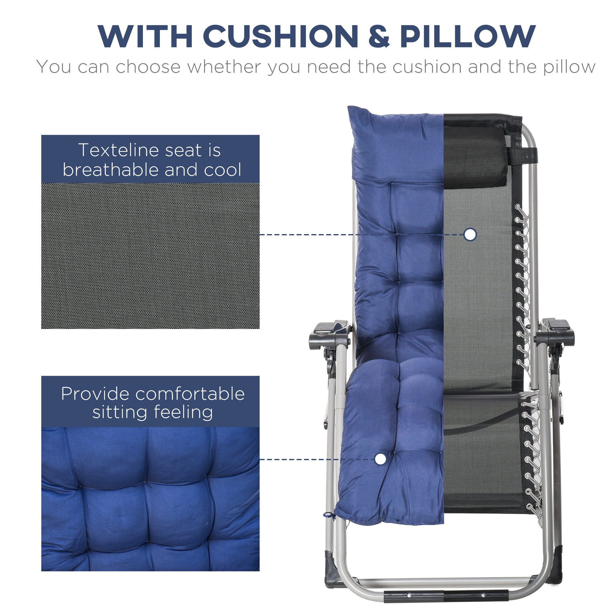 Outsunny Reclining Zero Gravity Chair with Adjustable Backrest, Folding Garden Sun Lounger with Removable Cushion and Headrest, Dark Blue