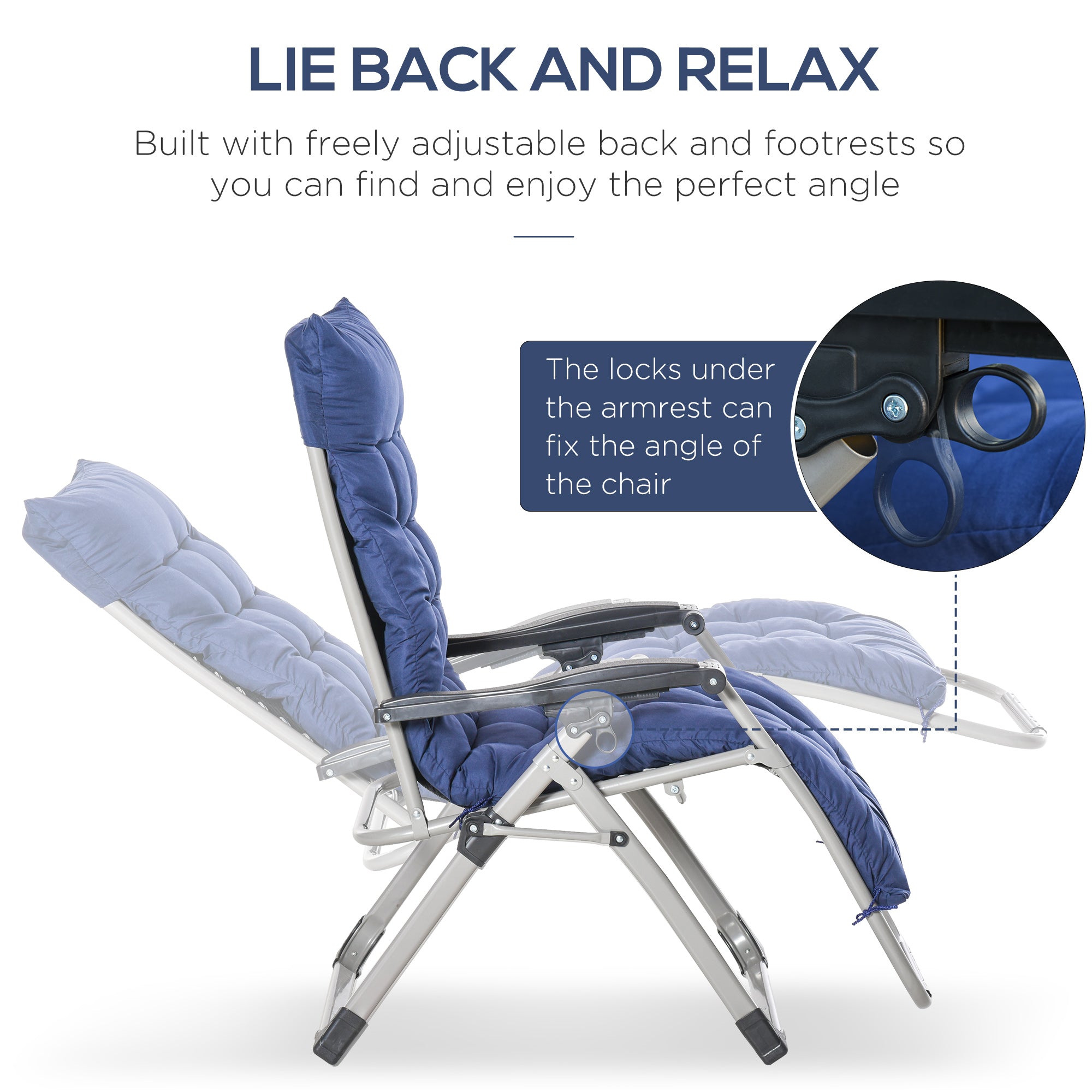Outsunny Reclining Zero Gravity Chair with Adjustable Backrest, Folding Garden Sun Lounger with Removable Cushion and Headrest, Dark Blue