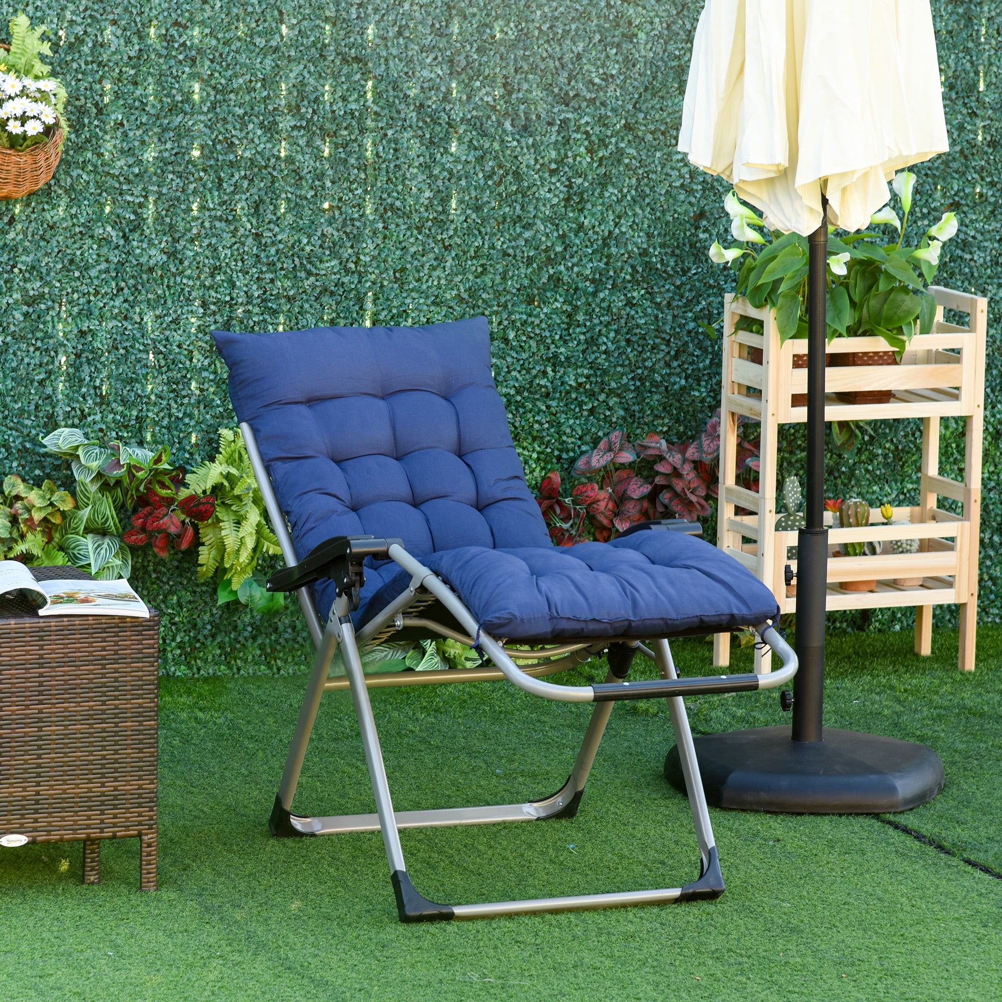 Outsunny Reclining Zero Gravity Chair with Adjustable Backrest, Folding Garden Sun Lounger with Removable Cushion and Headrest, Dark Blue