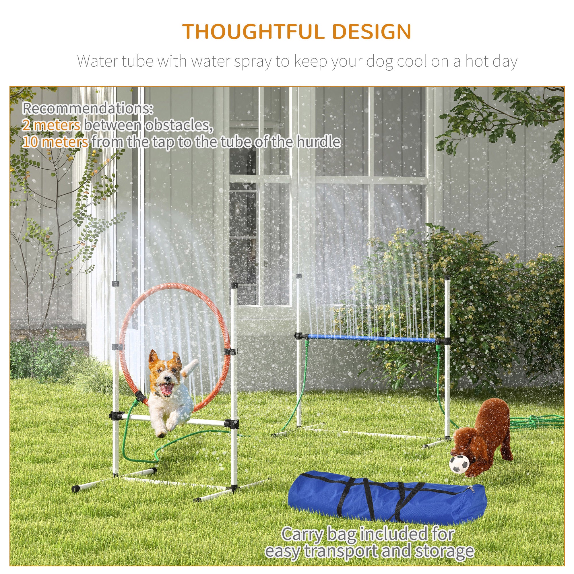 PawHut 3 Piece Dog Agility Training Equipment Set with Spray Water Tube, Dog Obstacle Course with Adjustable Height Jumping Ring and Hurdle, Carry Bag, Whistle, White