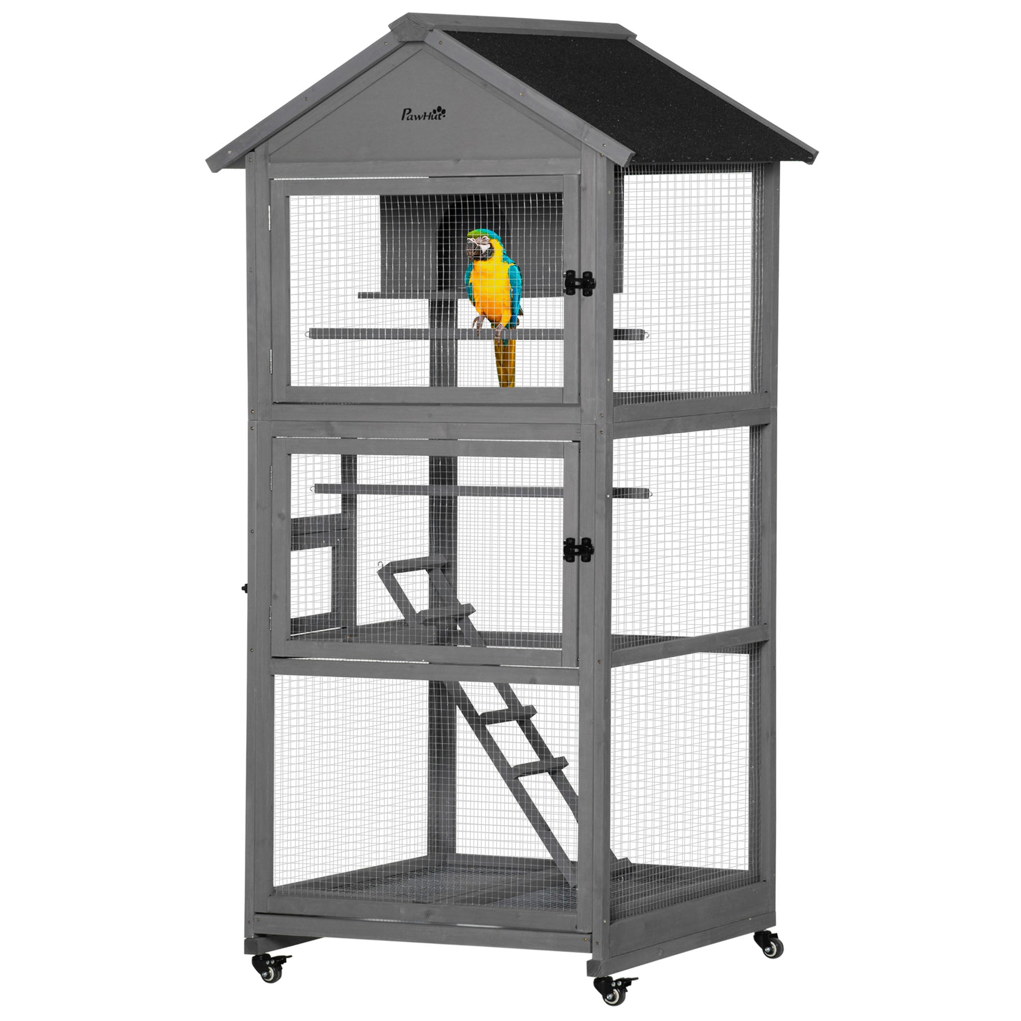 PawHut Bird Cage budgie cage Wooden Outdoor Aviary with Wheels  for Canary Finch with Asphalt Roof Perch Nest Ladder Slide-out Tray, Grey