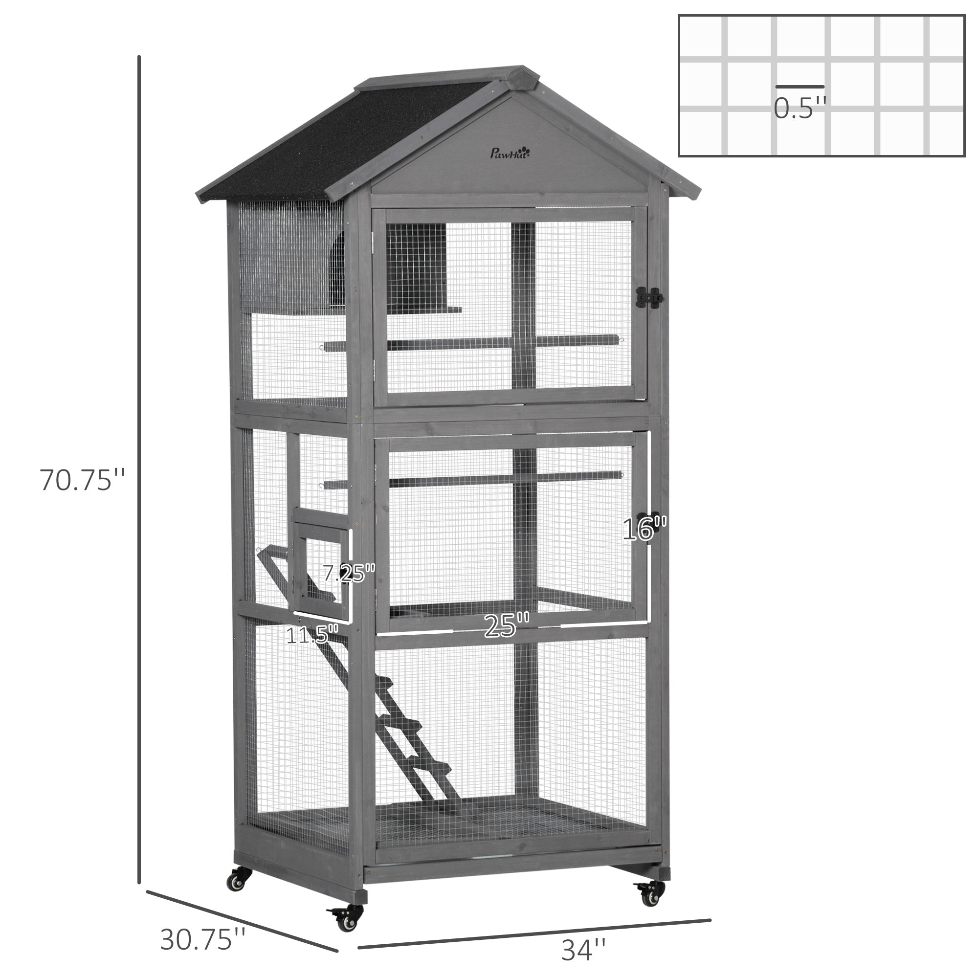 PawHut 71" Bird Cage Wooden Bird Cage Stand with Two Doors, Ladder and Pull out Tray for Finches, Dark Grey
