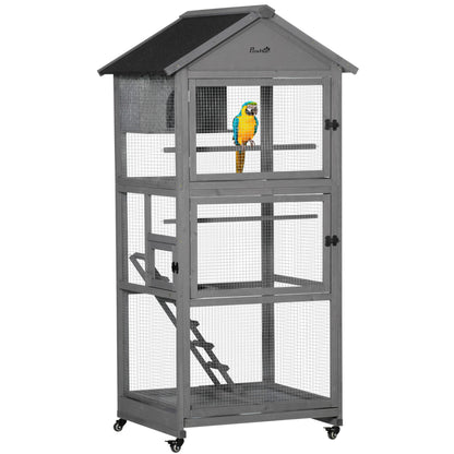 PawHut Bird Cage budgie cage Wooden Outdoor Aviary with Wheels  for Canary Finch with Asphalt Roof Perch Nest Ladder Slide-out Tray, Grey