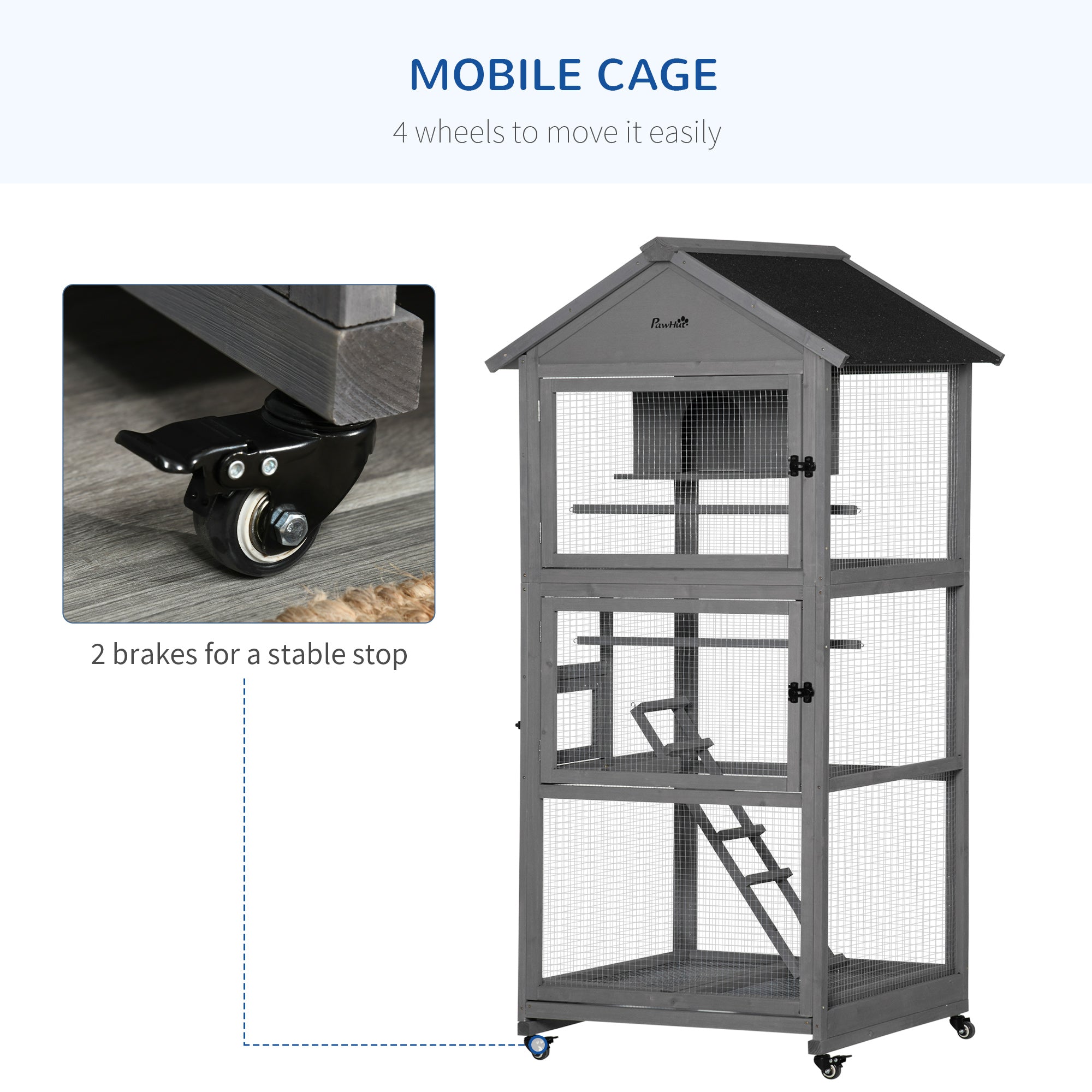 PawHut 71" Bird Cage Wooden Bird Cage Stand with Two Doors, Ladder and Pull out Tray for Finches, Dark Grey