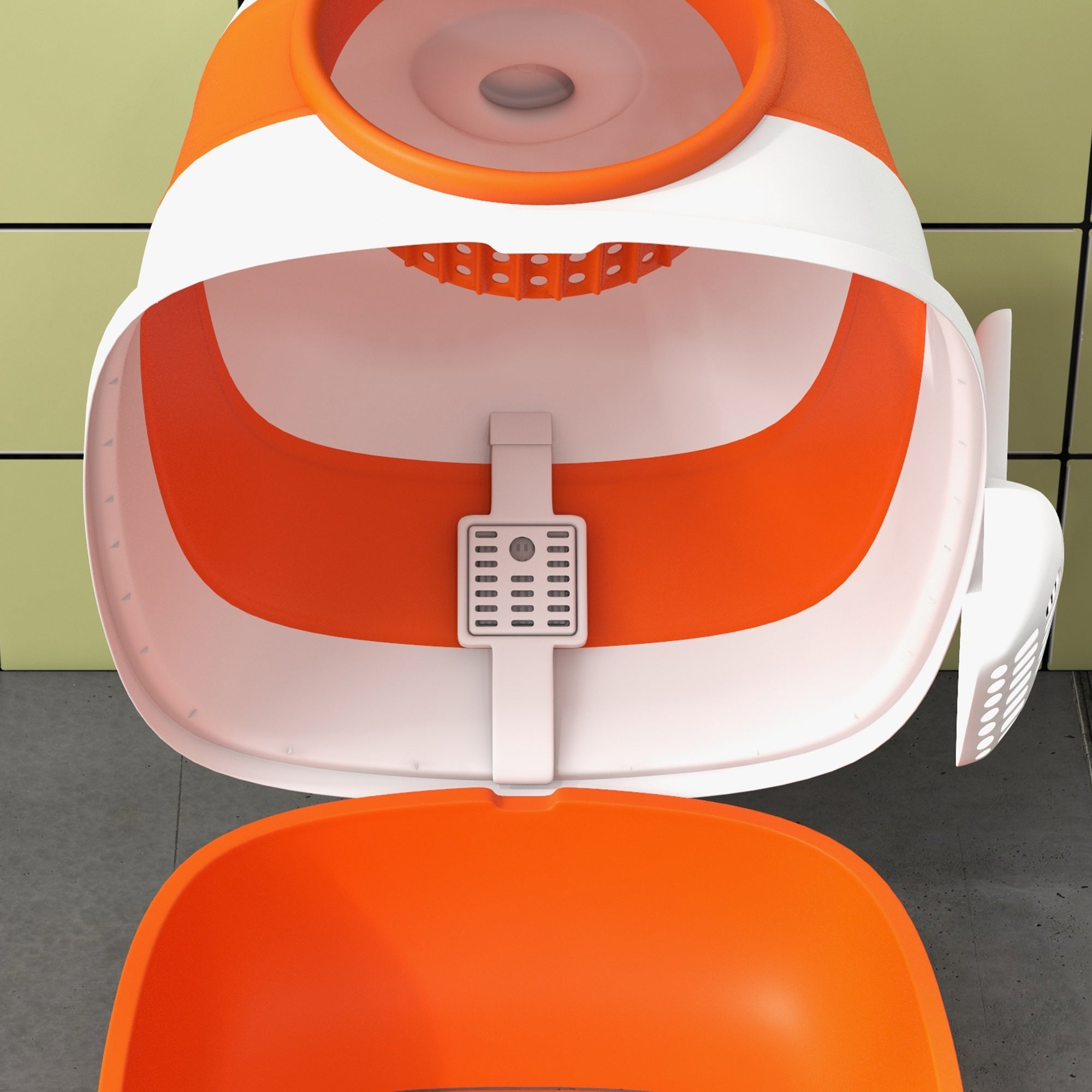PawHut Foldable Cat Litter Box with Lid, Hooded Cat Litter Tray with High Sides, Air Freshener, Large Two-Way Entrance, Scoop, Orange