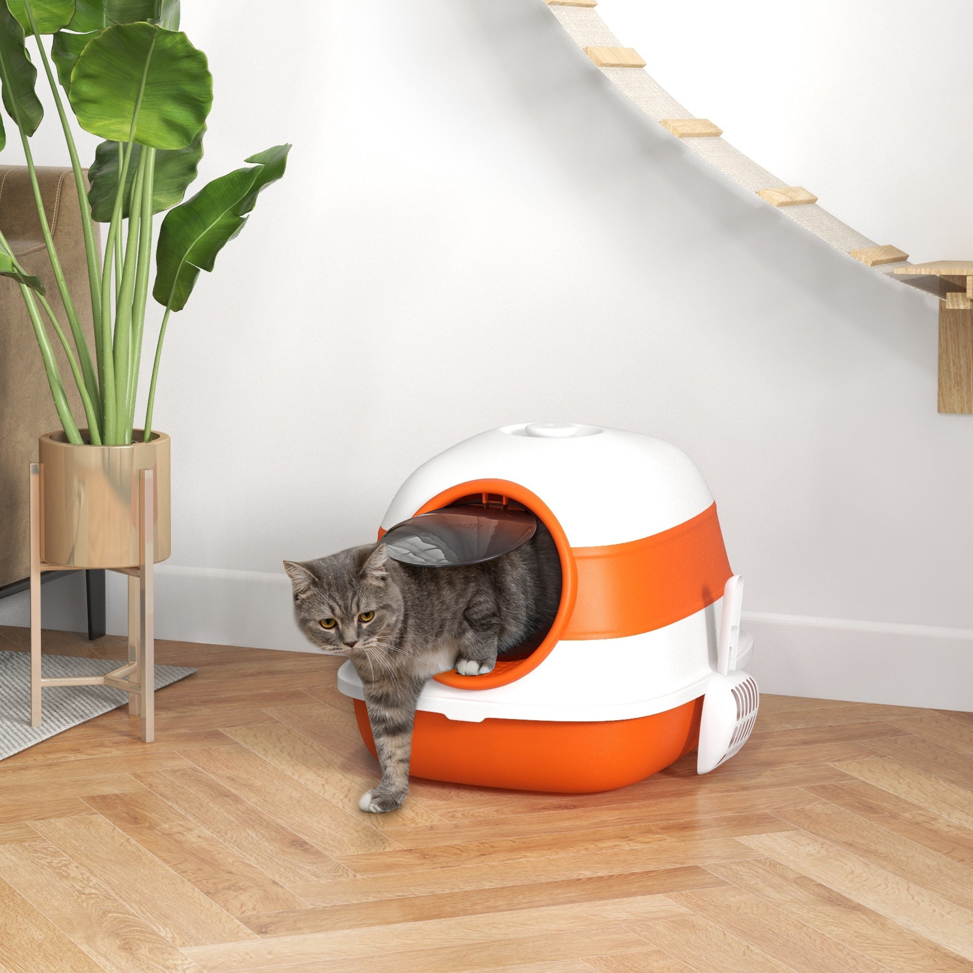 PawHut Foldable Large Cat Litter Box with Lid, Covered Kitten Litter Box w/ Automatic Cat Litter-Proof Sides, Deodorization, Easy to Clean, White and Orange