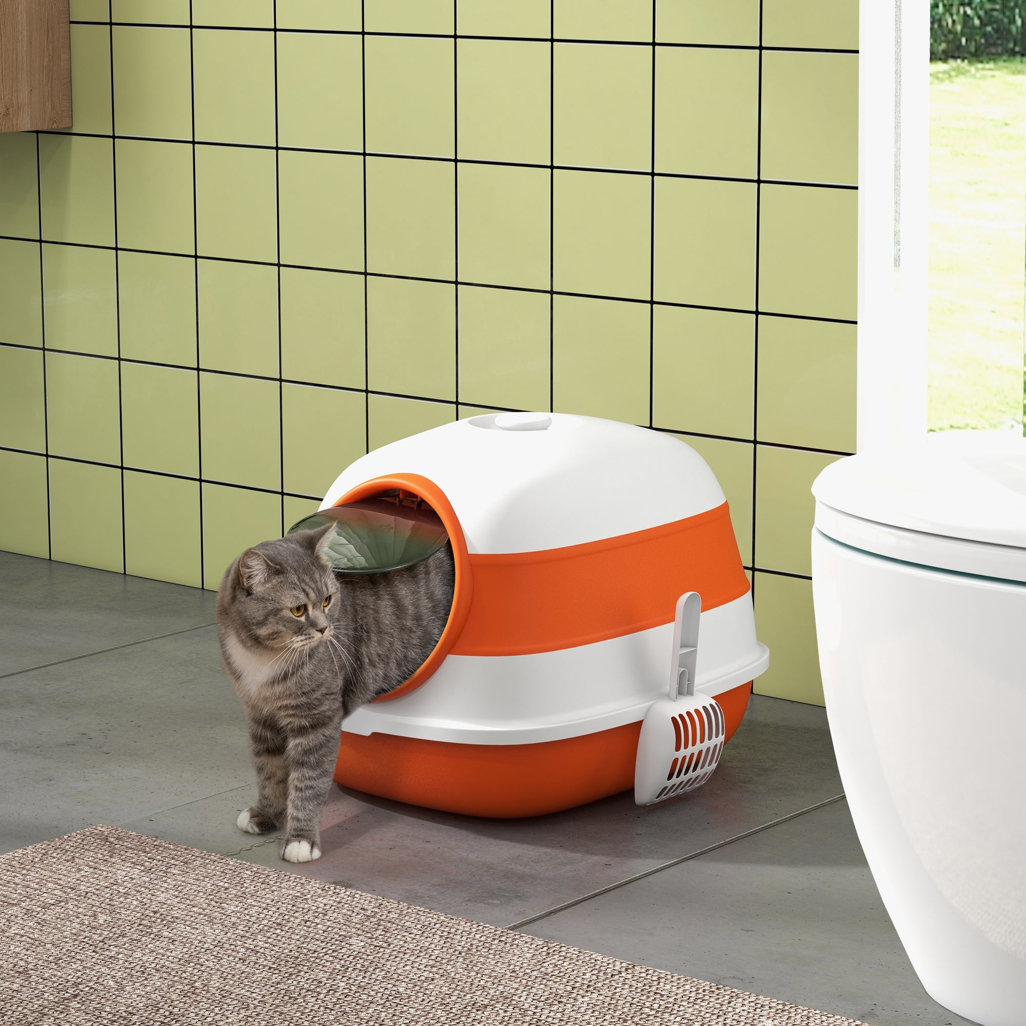 PawHut Foldable Large Cat Litter Box with Lid, Covered Kitten Litter Box w/ Automatic Cat Litter-Proof Sides, Deodorization, Easy to Clean, White and Orange