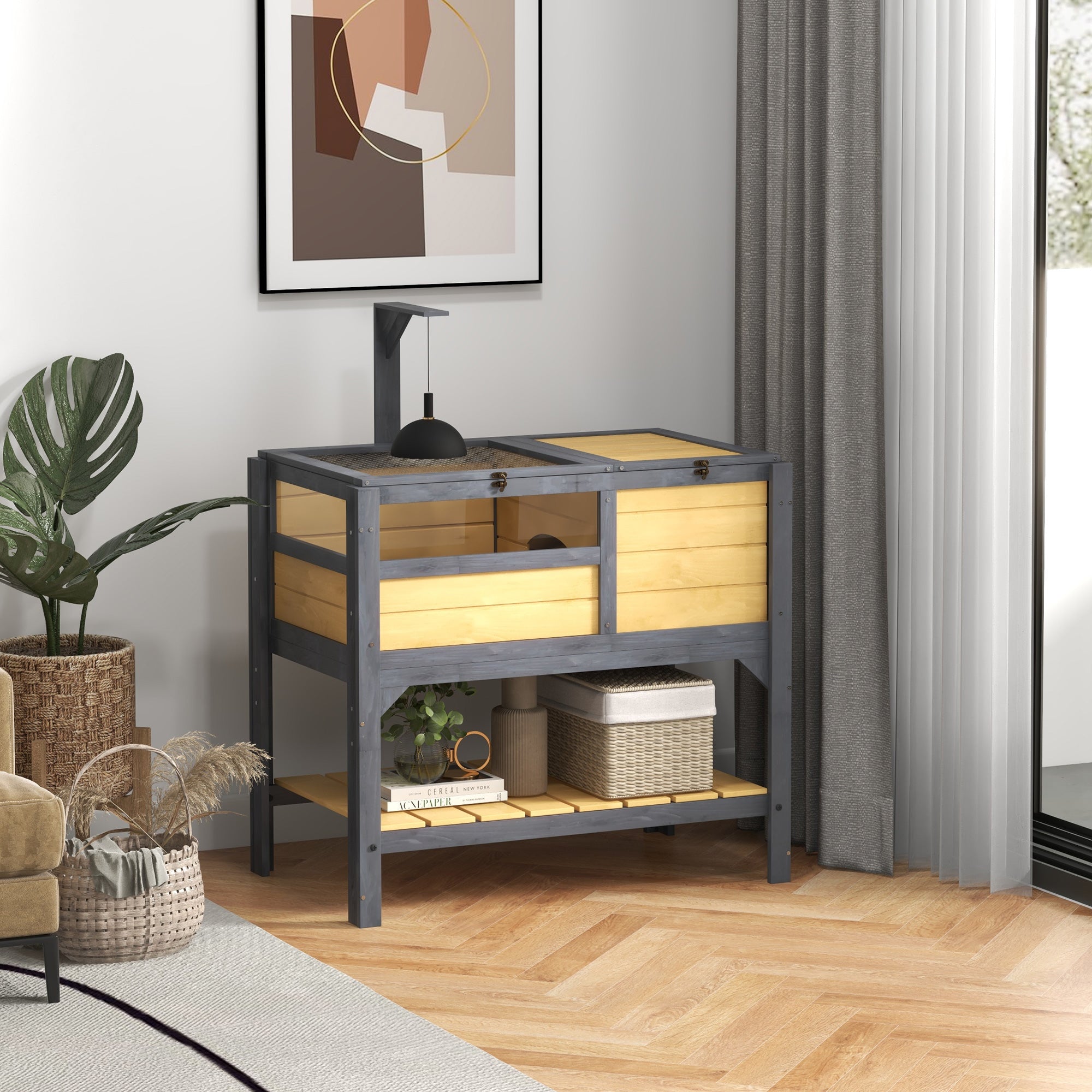 PawHut Tortoise House w/ Shelf, Small Pet Reptile Wooden House w/ Hide Shelter Den and Run, Lamp Holder, Tray, for Indoors, Outdoors - Yellow