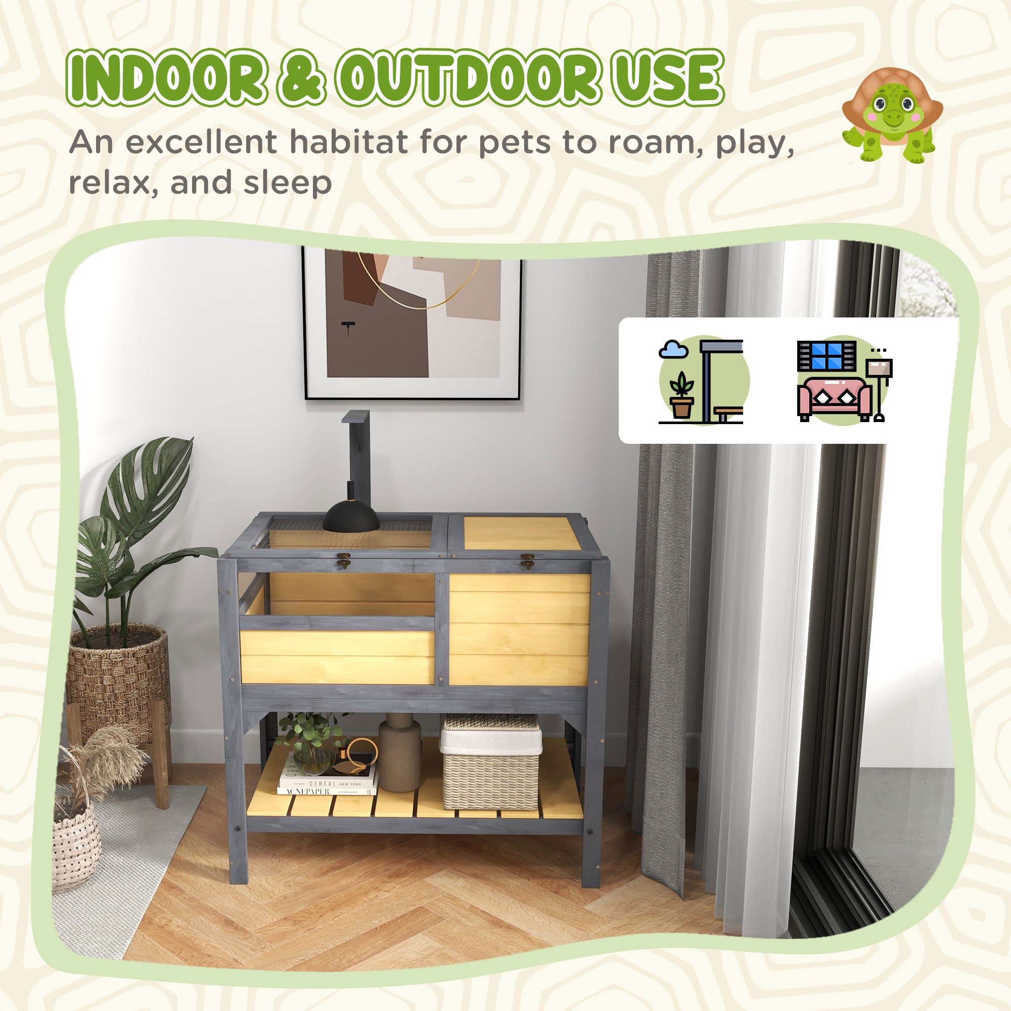 PawHut Tortoise House w/ Shelf, Small Pet Reptile Wooden House w/ Hide Shelter Den and Run, Lamp Holder, Tray, for Indoors, Outdoors - Yellow