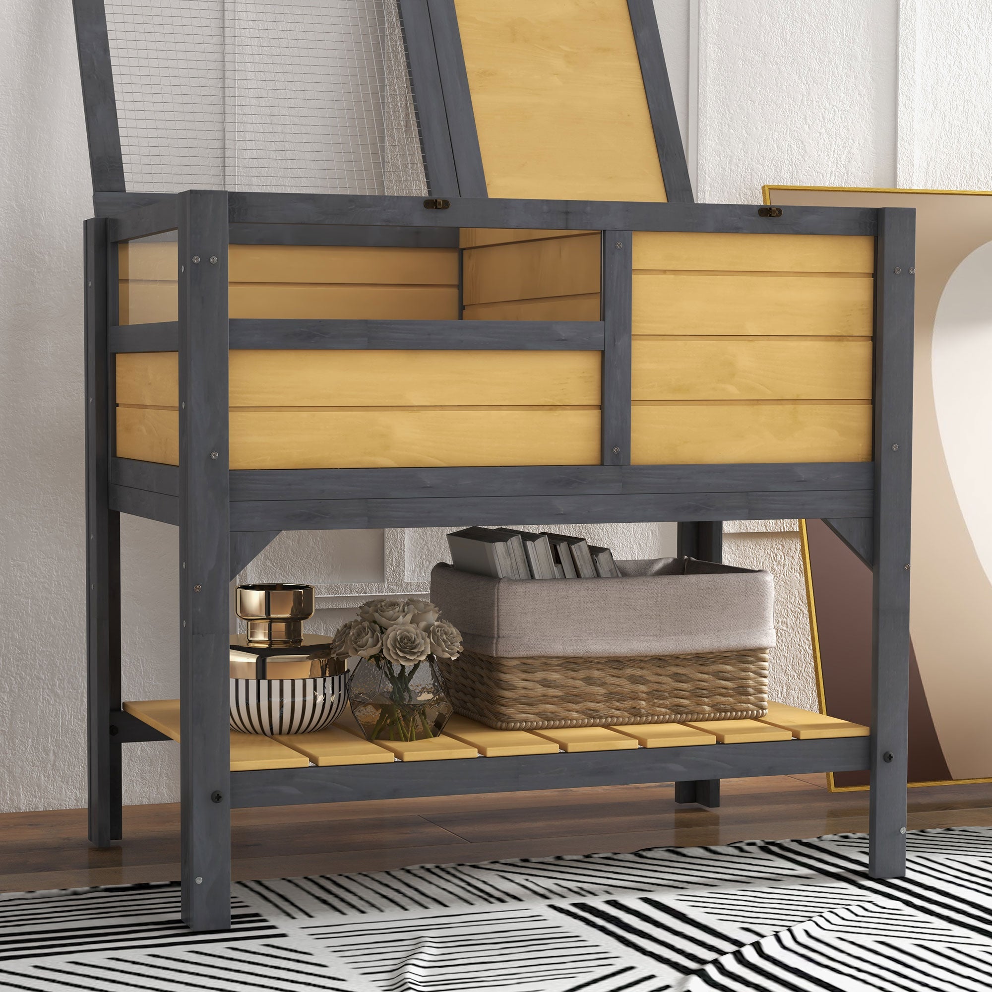 PawHut Tortoise House w/ Shelf, Small Pet Reptile Wooden House w/ Hide Shelter Den and Run, Lamp Holder, Tray, for Indoors, Outdoors - Yellow