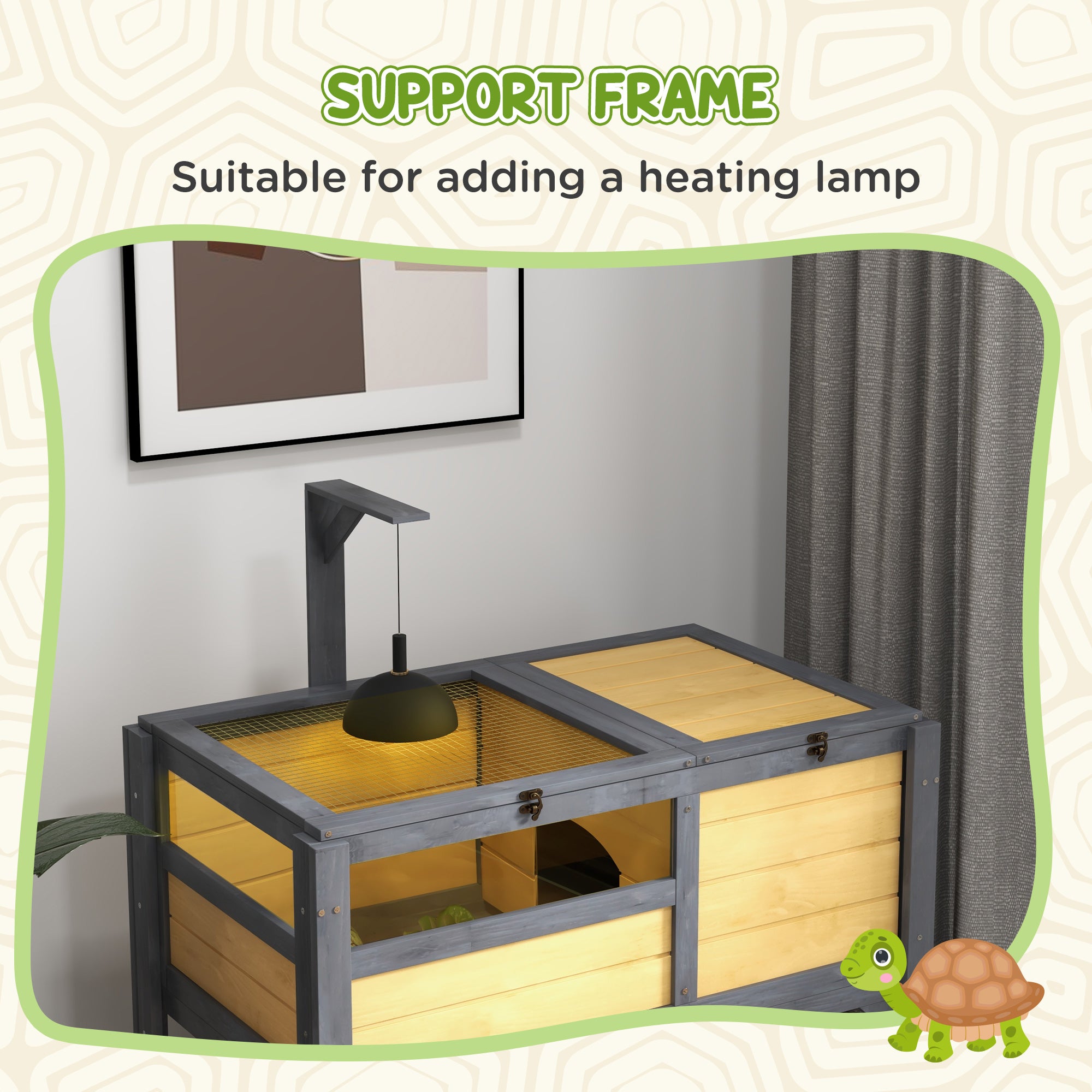 PawHut Tortoise House w/ Shelf, Small Pet Reptile Wooden House w/ Hide Shelter Den and Run, Lamp Holder, Tray, for Indoors, Outdoors - Yellow