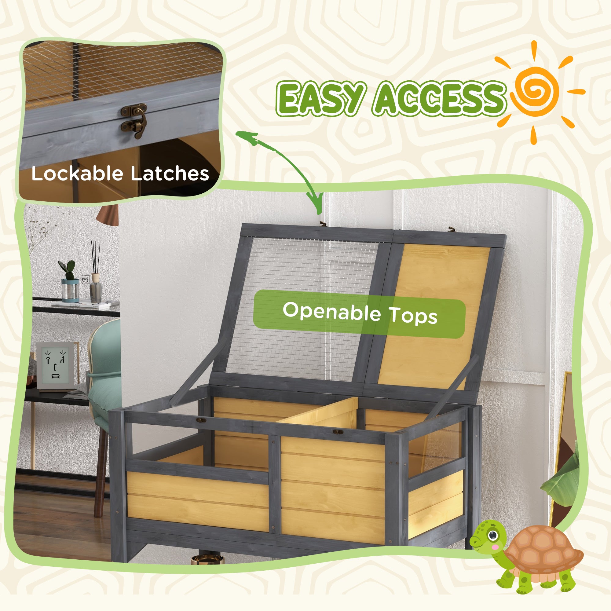PawHut Tortoise House w/ Shelf, Small Pet Reptile Wooden House w/ Hide Shelter Den and Run, Lamp Holder, Tray, for Indoors, Outdoors - Yellow
