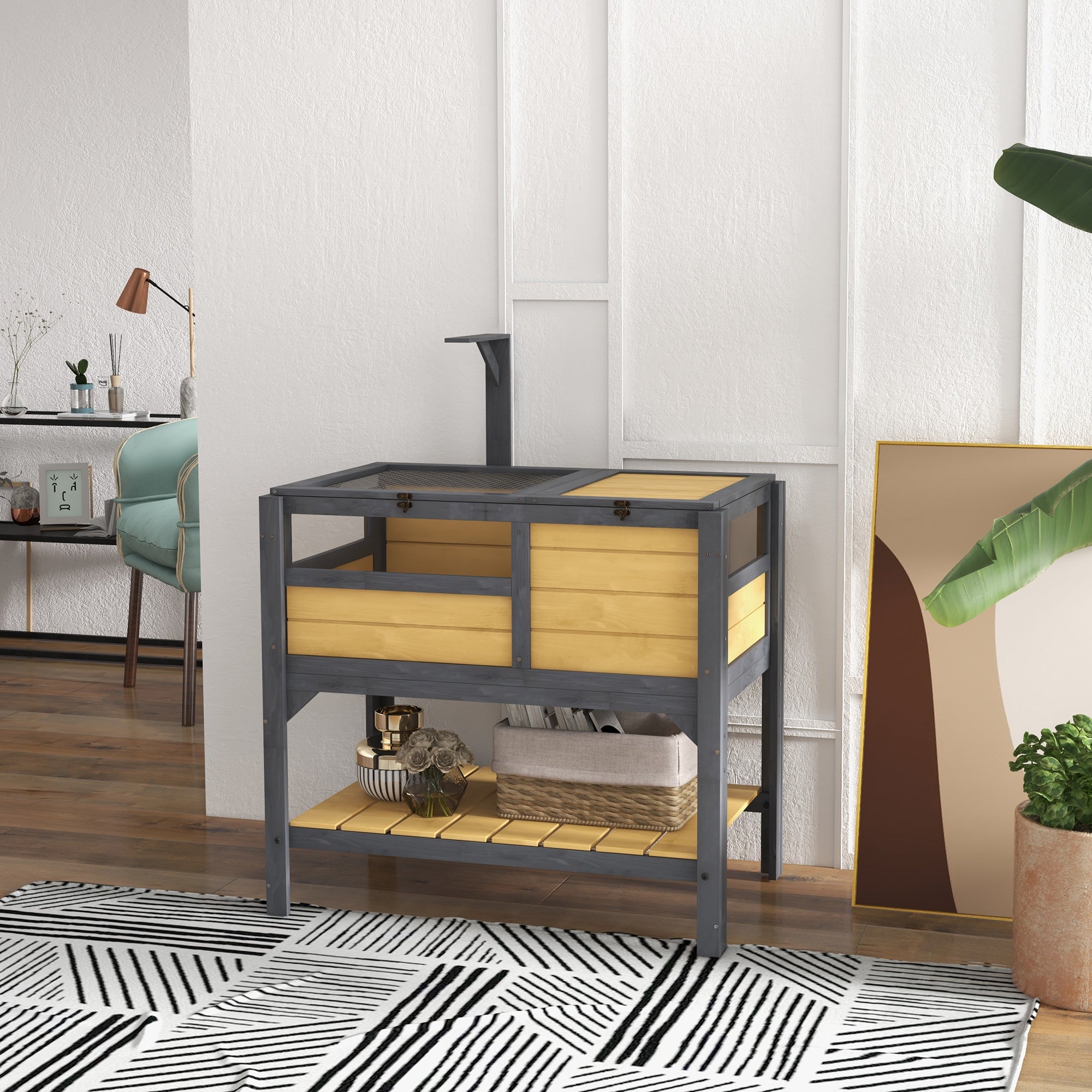 PawHut Tortoise House w/ Shelf, Small Pet Reptile Wooden House w/ Hide Shelter Den and Run, Lamp Holder, Tray, for Indoors, Outdoors - Yellow